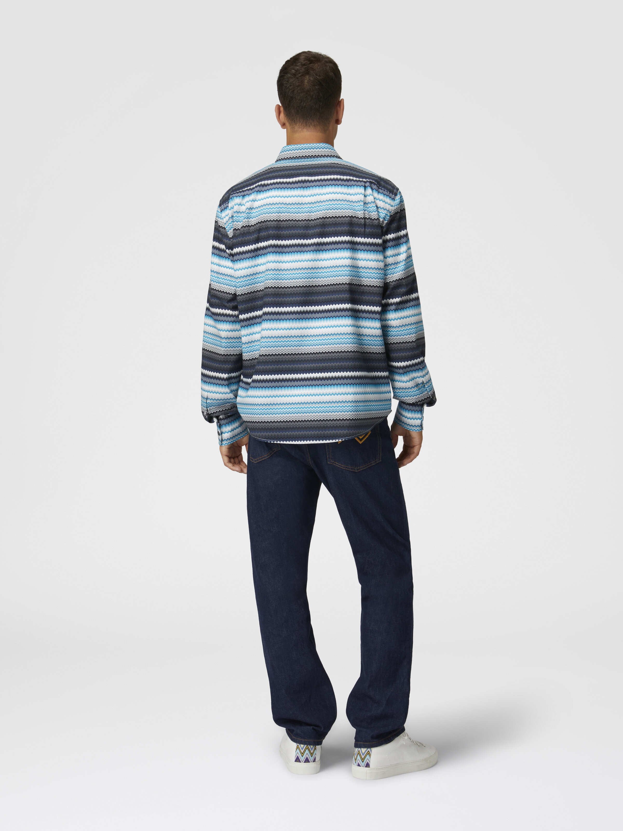Zigzag print cotton poplin shirt, Blue & Grey  & White - 2
