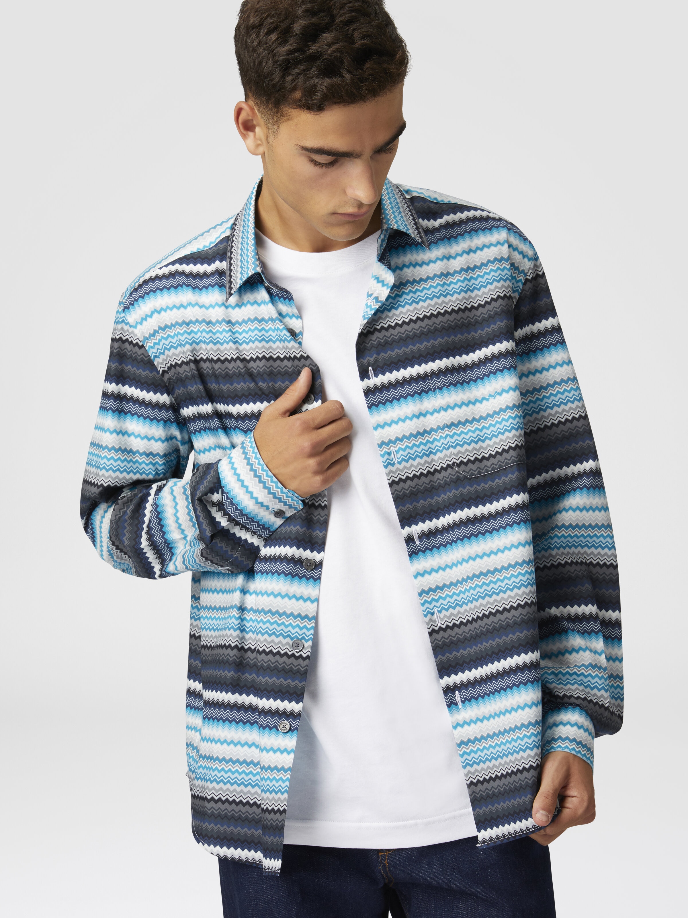Zigzag print cotton poplin shirt, Blue & Grey  & White - 3
