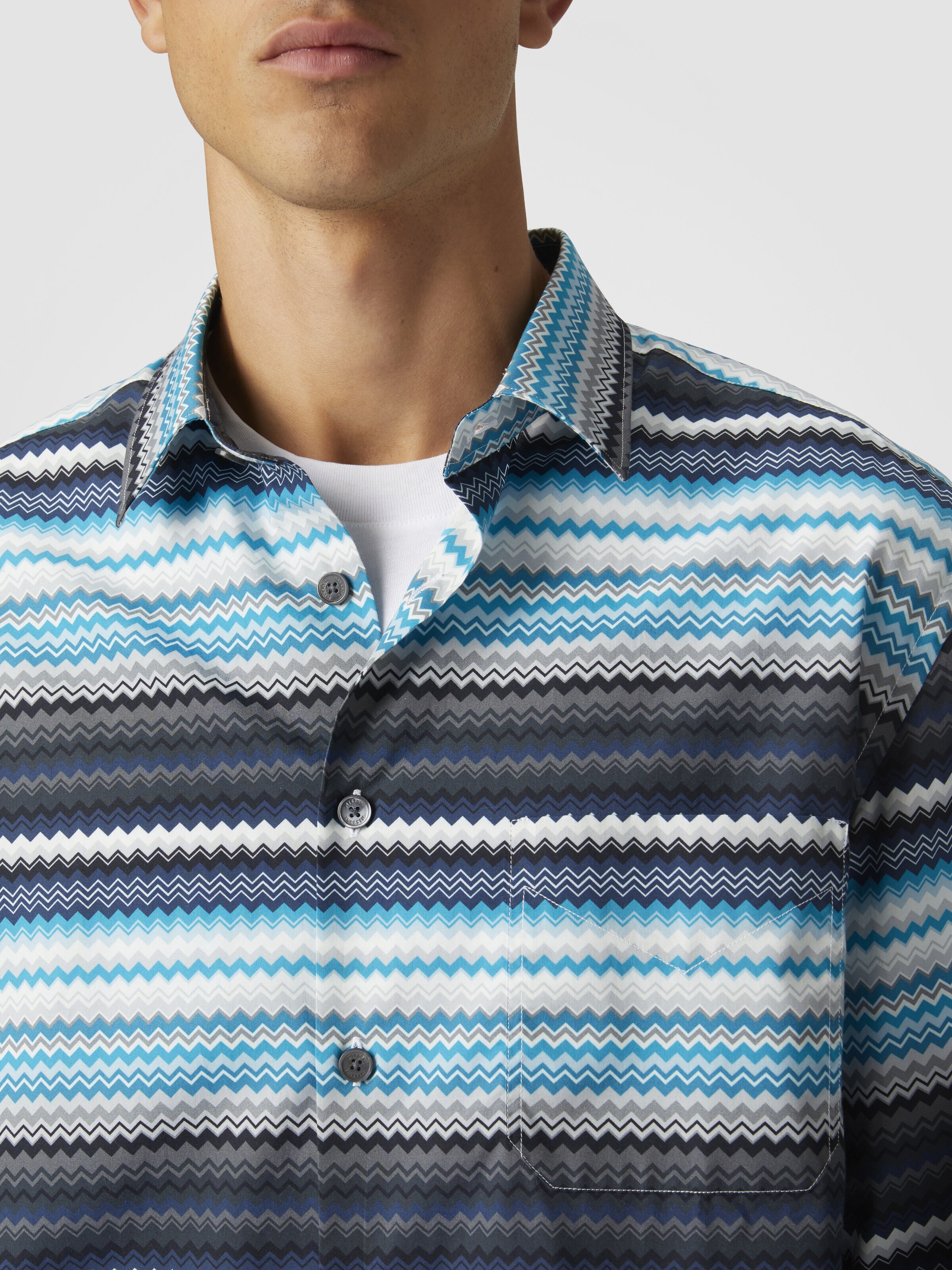 Zigzag print cotton poplin shirt, Blue & Grey  & White - 4