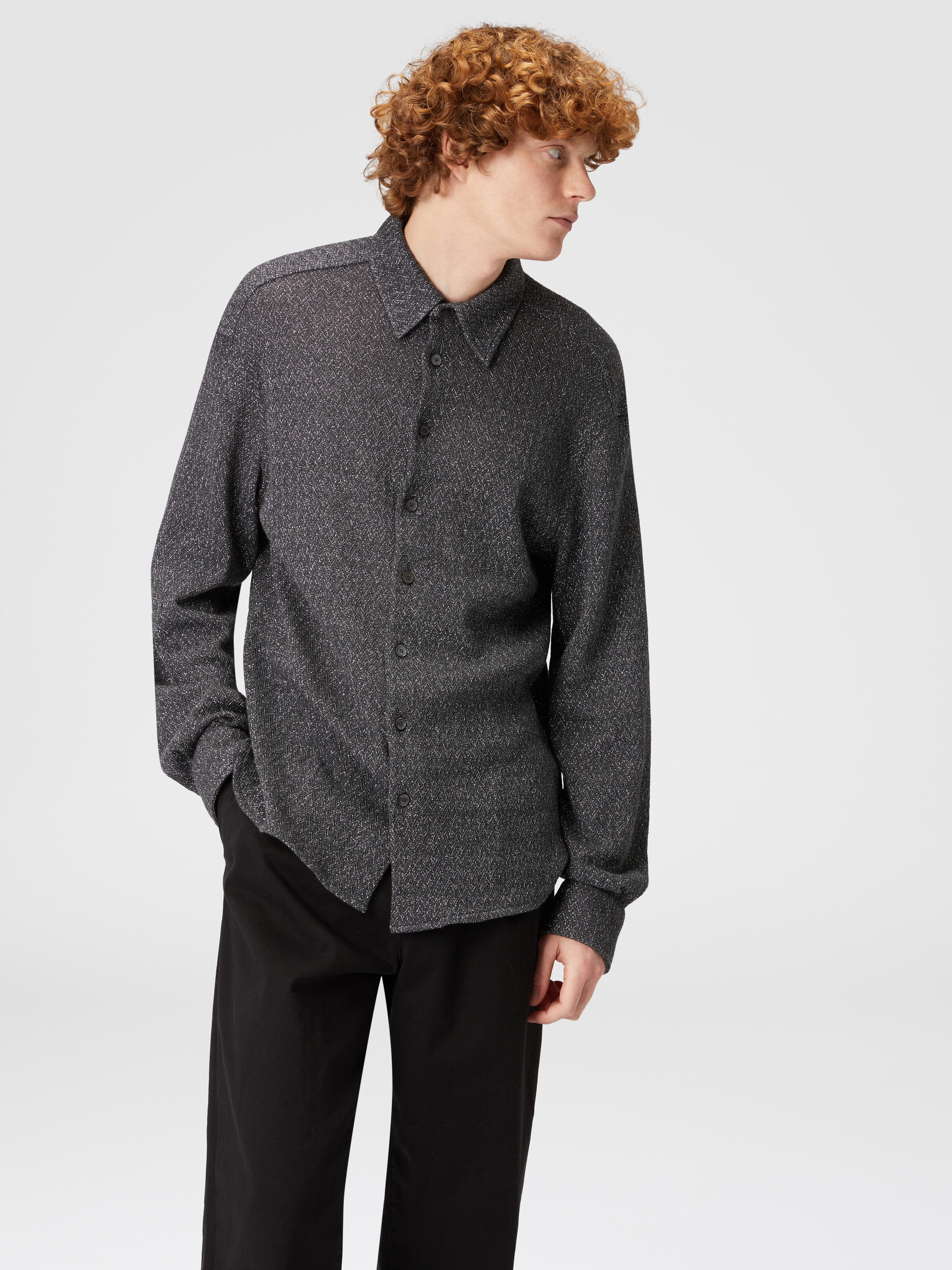 Cotton and viscose zig zag lamé shirt, Black & Multicoloured  - 3