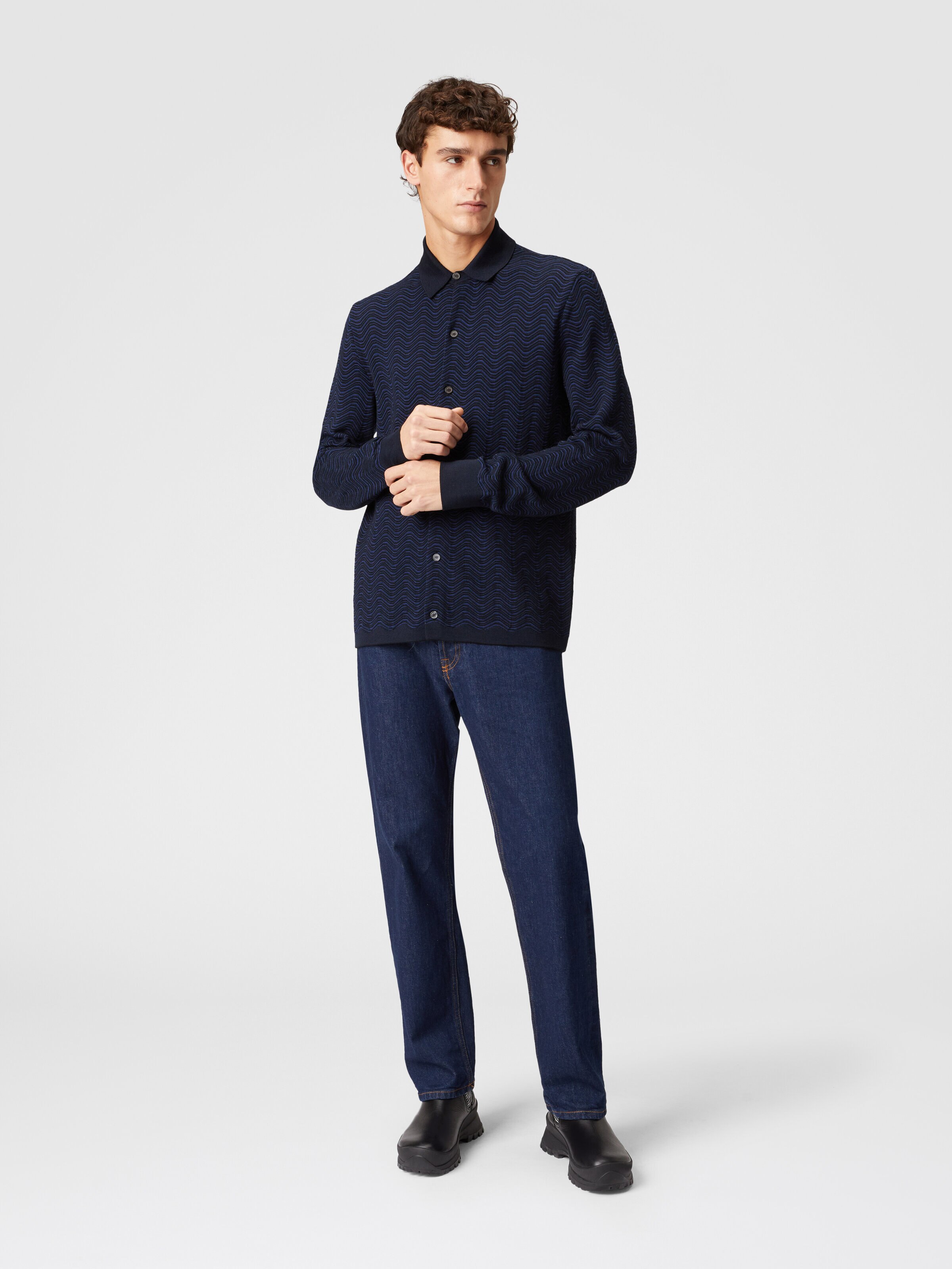 Virgin wool and viscose shirt with wave pattern, Blue - 1