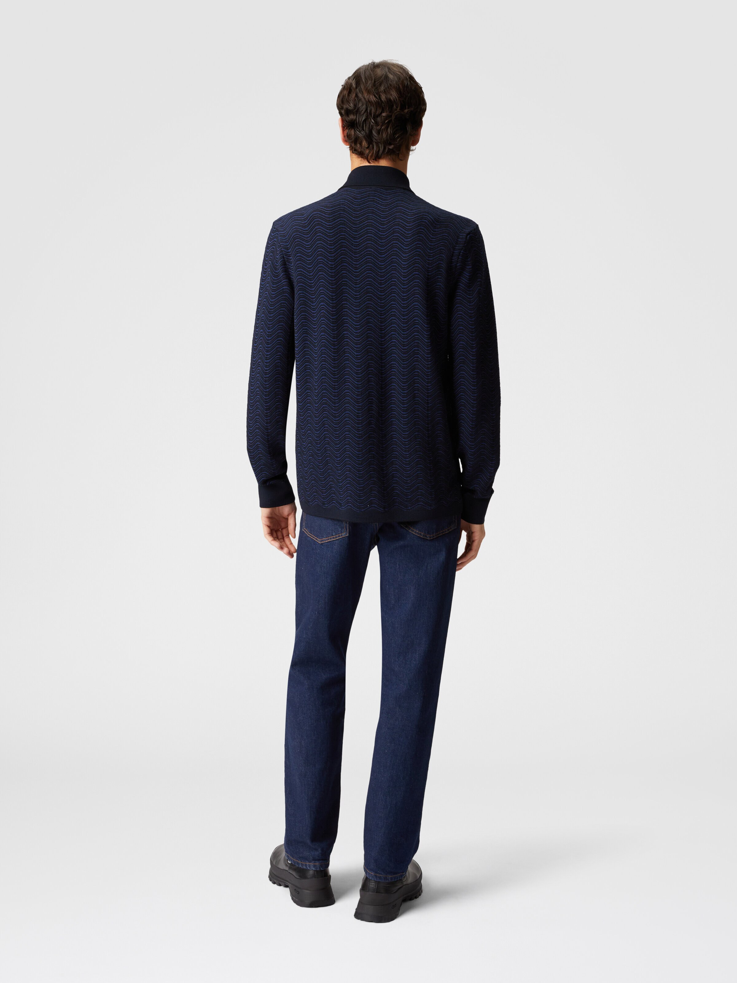Virgin wool and viscose shirt with wave pattern, Blue - 2
