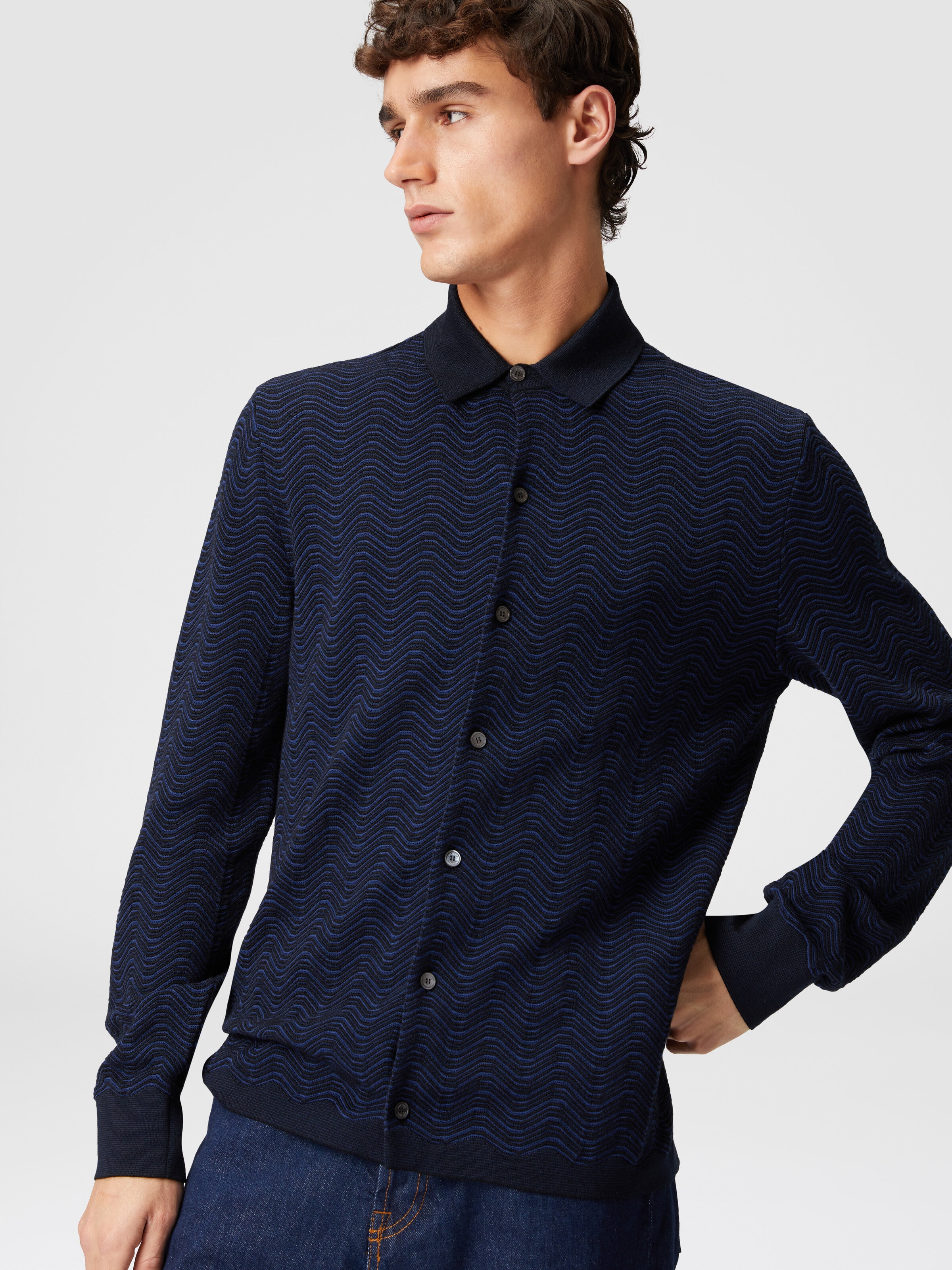 Virgin wool and viscose shirt with wave pattern, Blue - 3