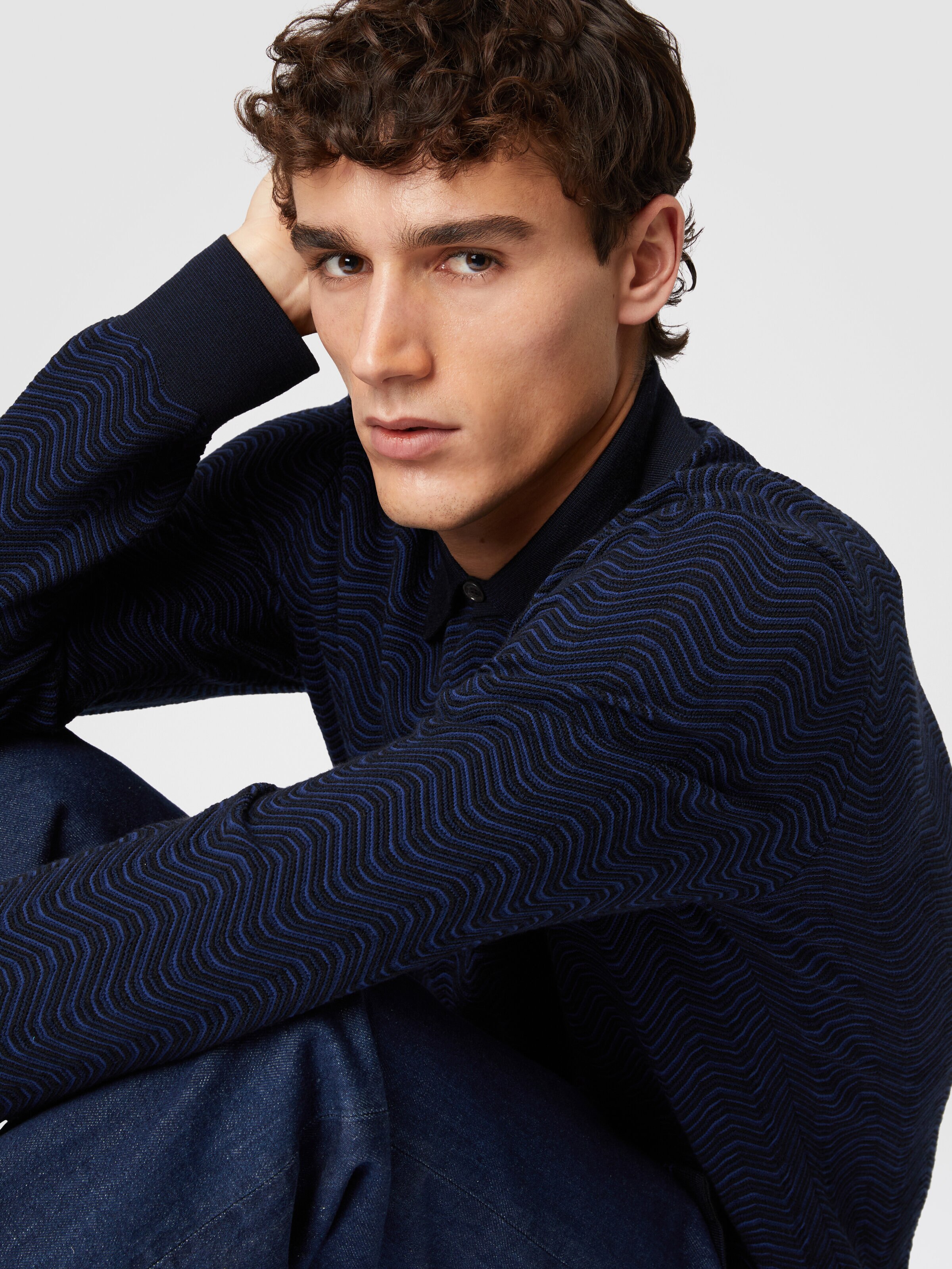 Virgin wool and viscose shirt with wave pattern, Blue - 4