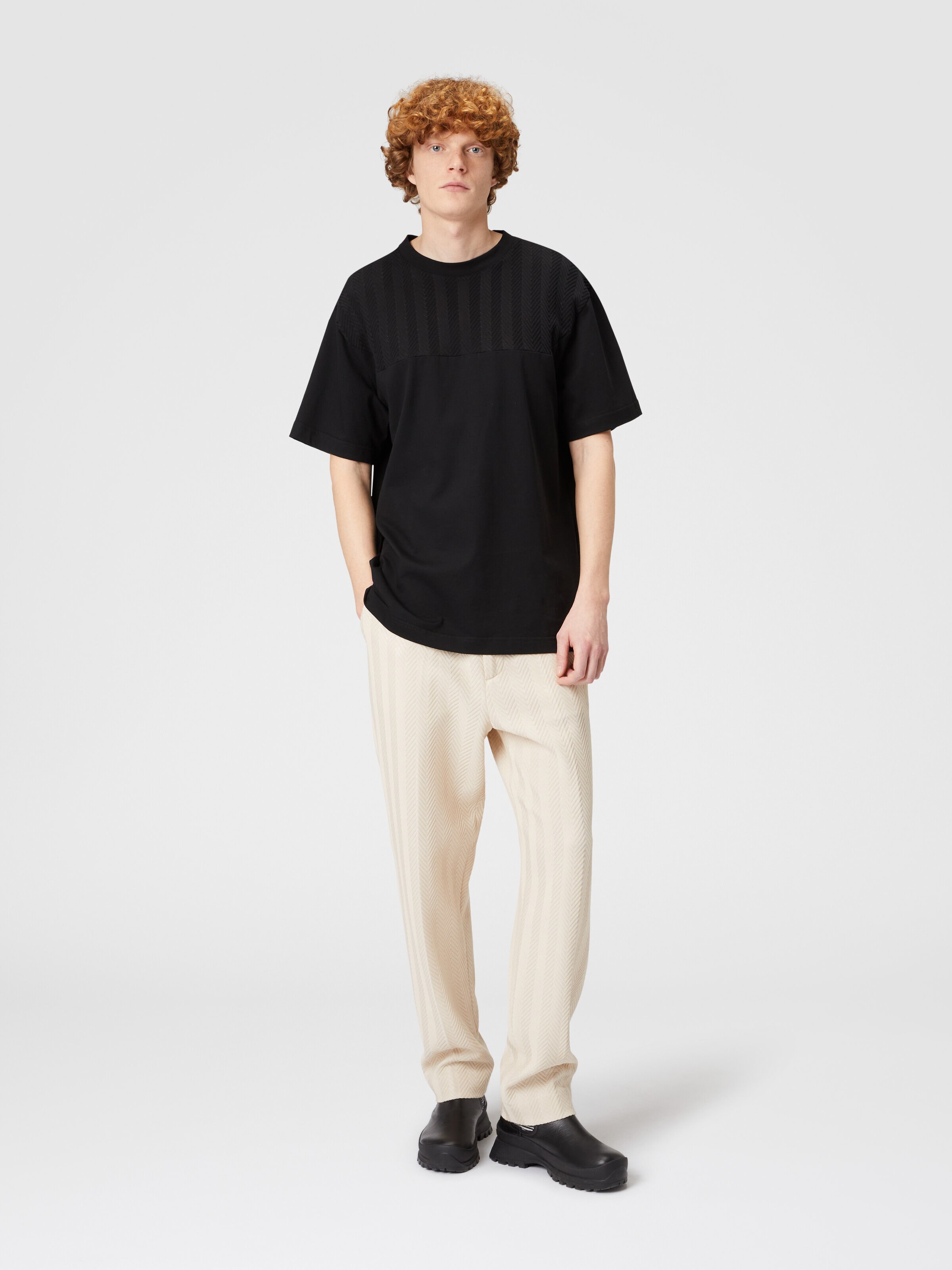 Cotton jersey T-shirt with zigzag insert, Black    - 1