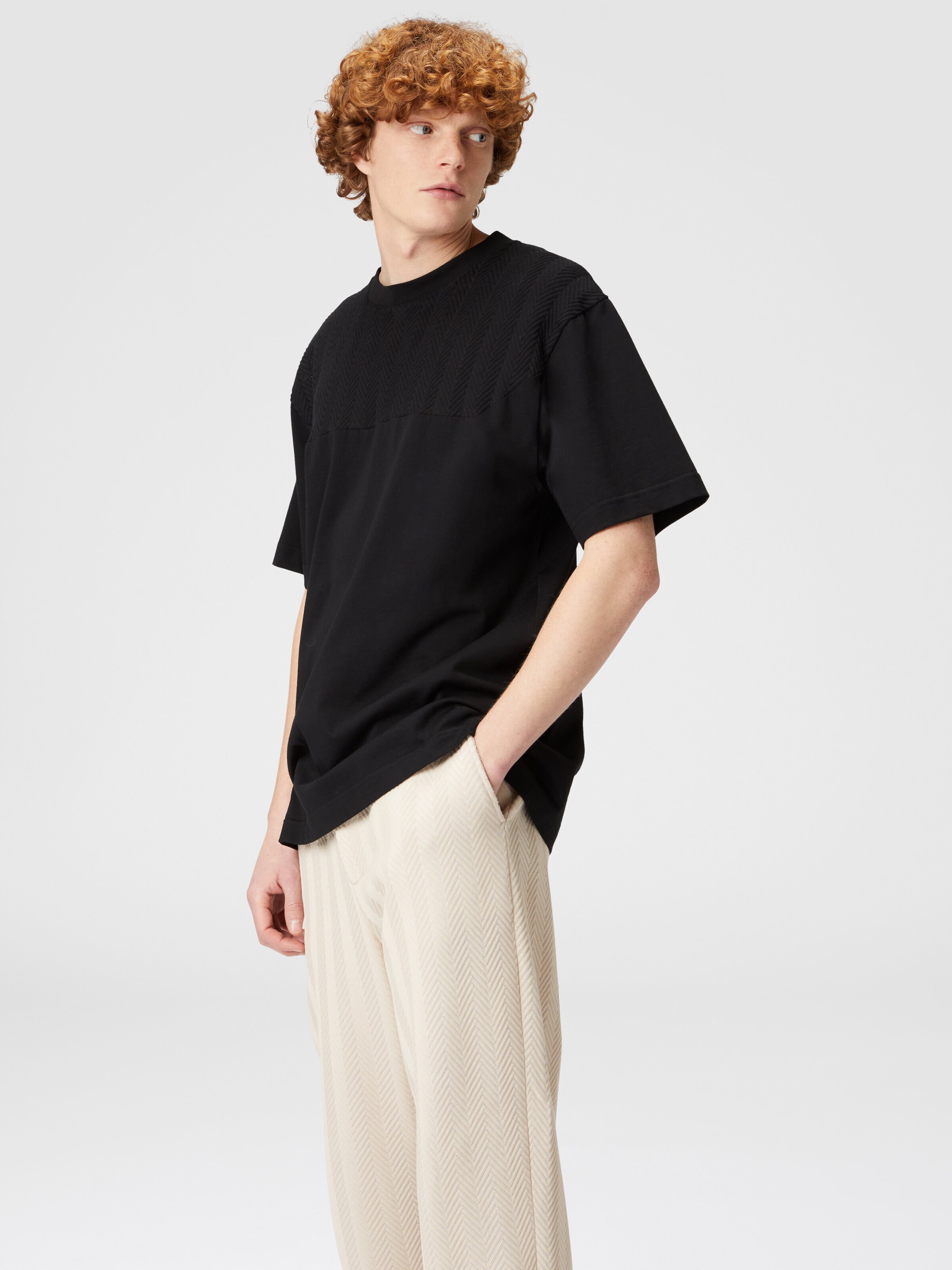 Cotton jersey T-shirt with zigzag insert, Black    - 3