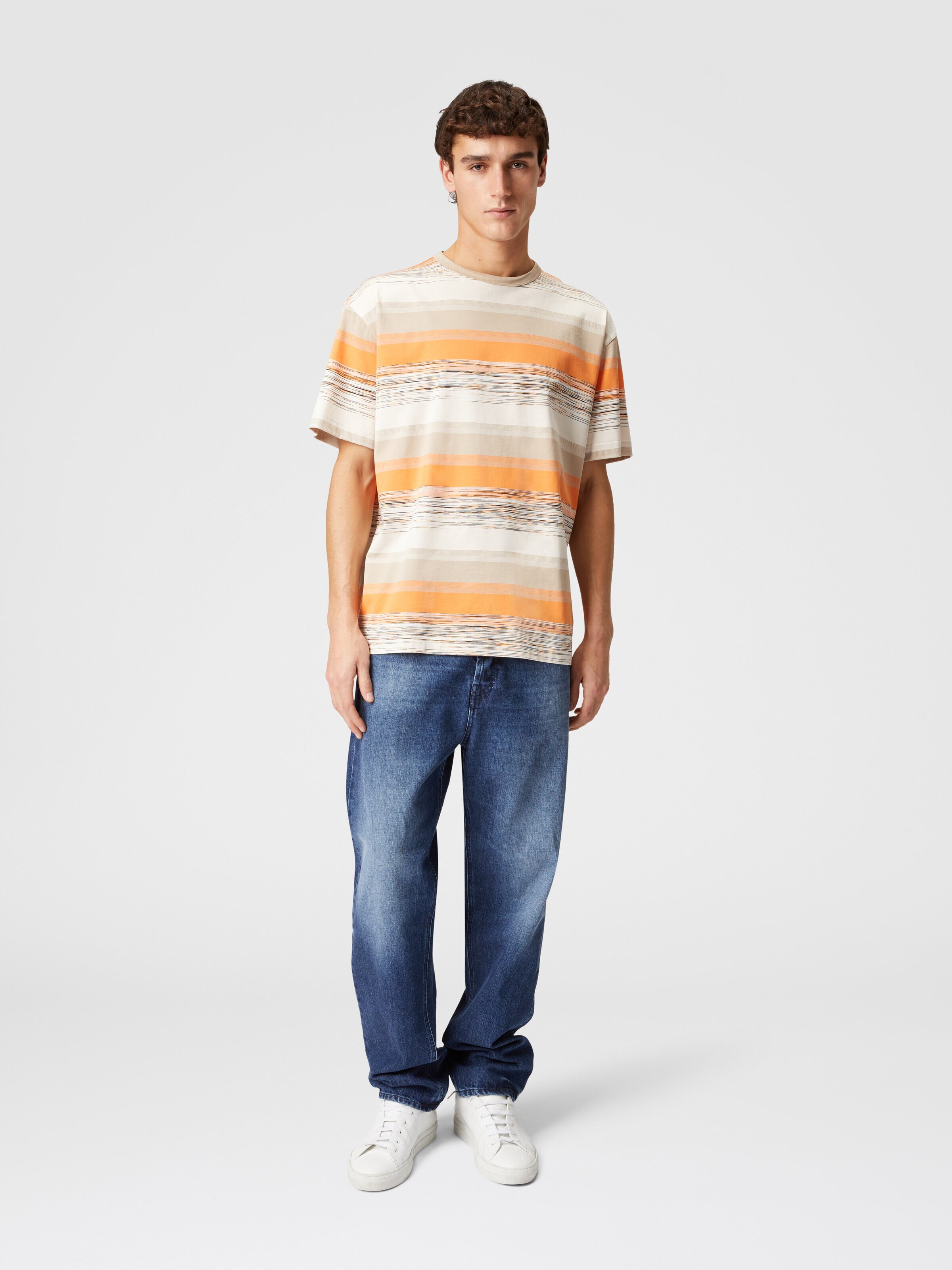 Striped cotton jersey T-shirt with logo, Orange & Beige - 1