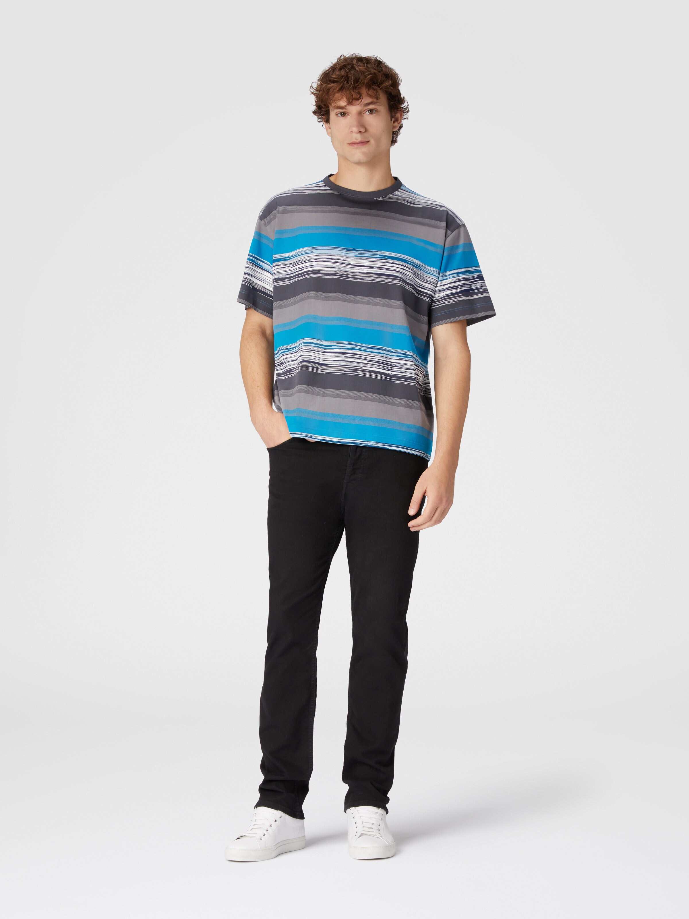 Striped cotton jersey T-shirt with logo, Blue - 1