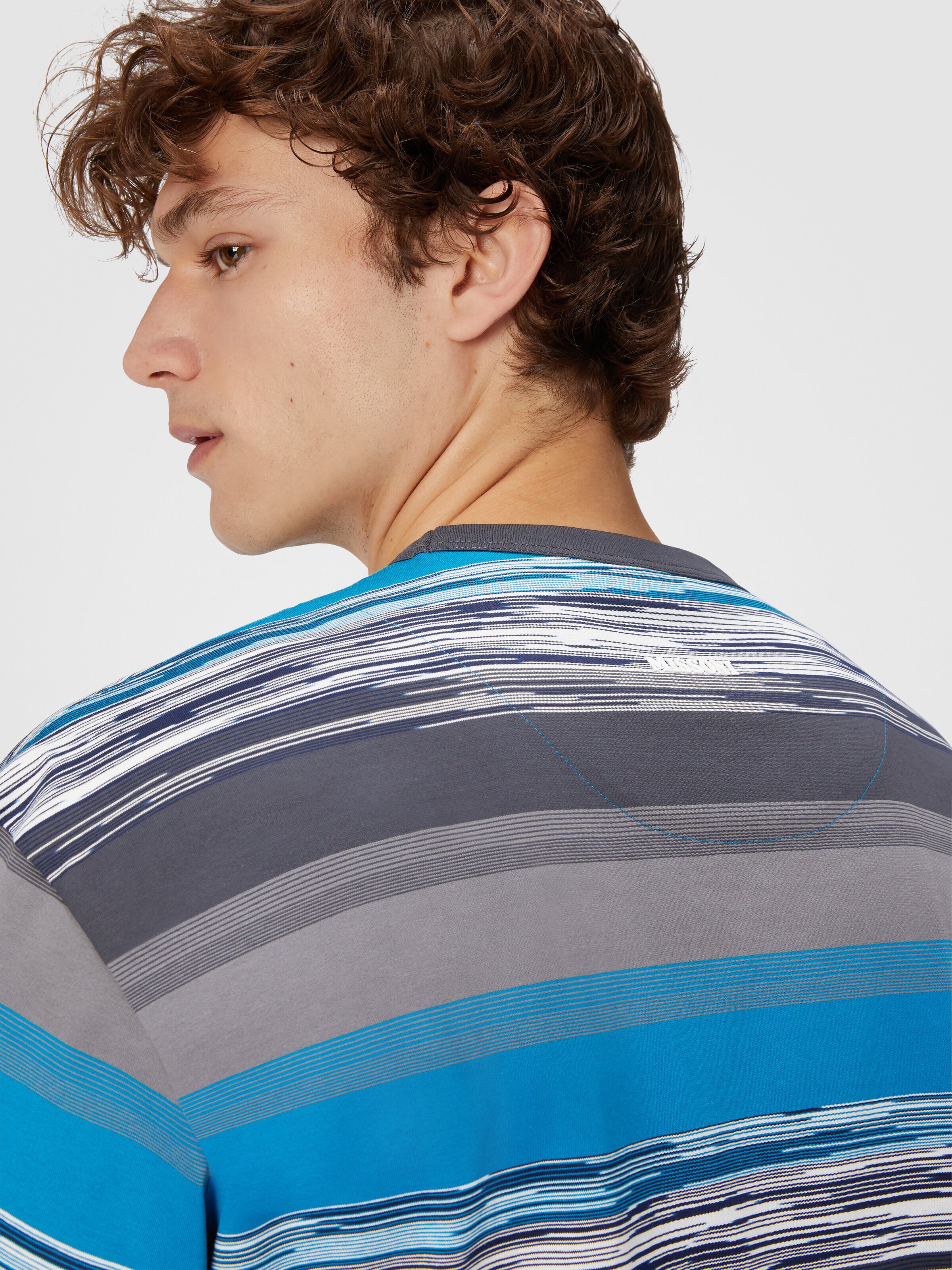 Striped cotton jersey T-shirt with logo, Blue - 3