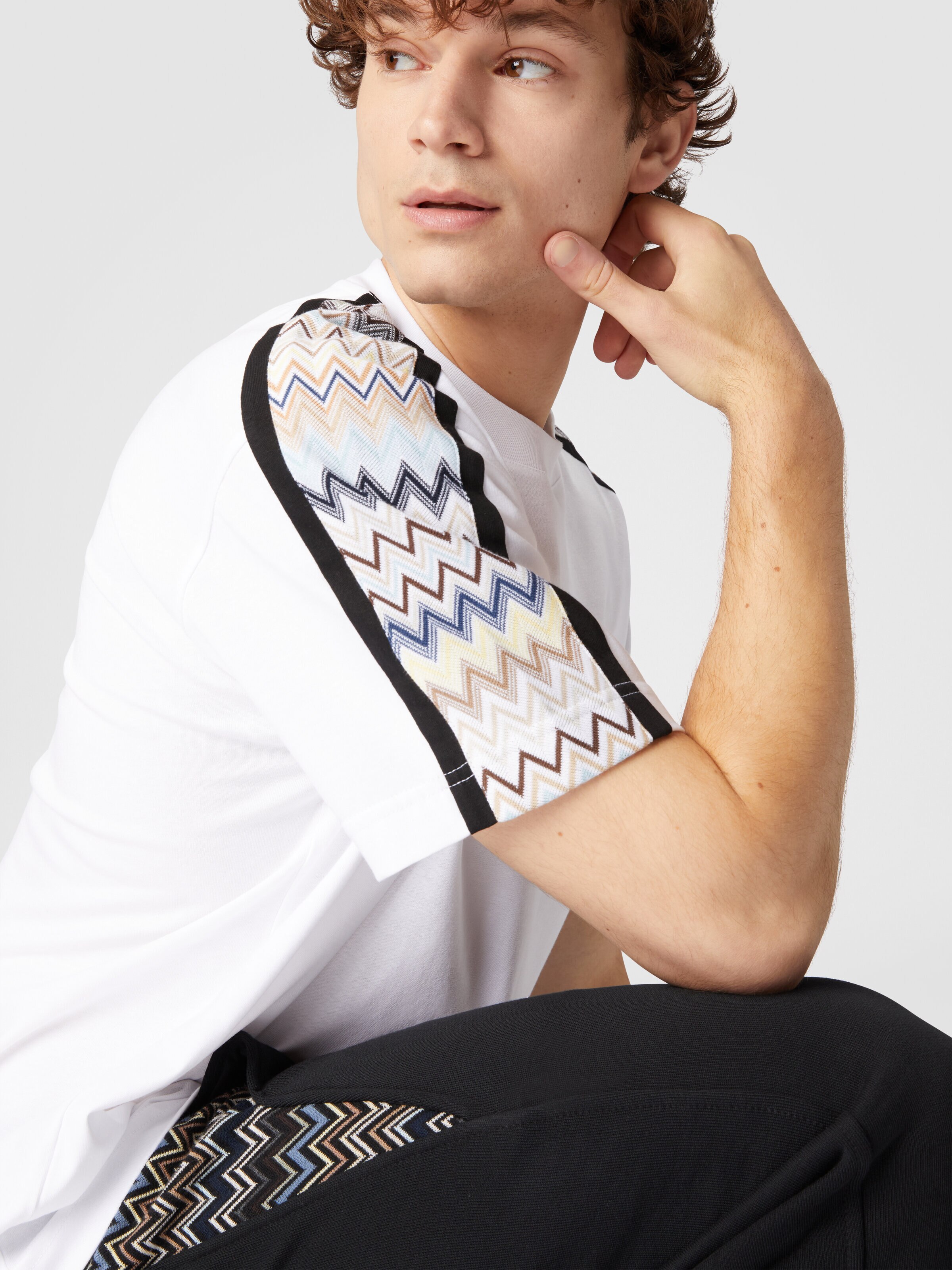 Cotton jersey T-shirt with zigzag inserts, Multicoloured  - 4