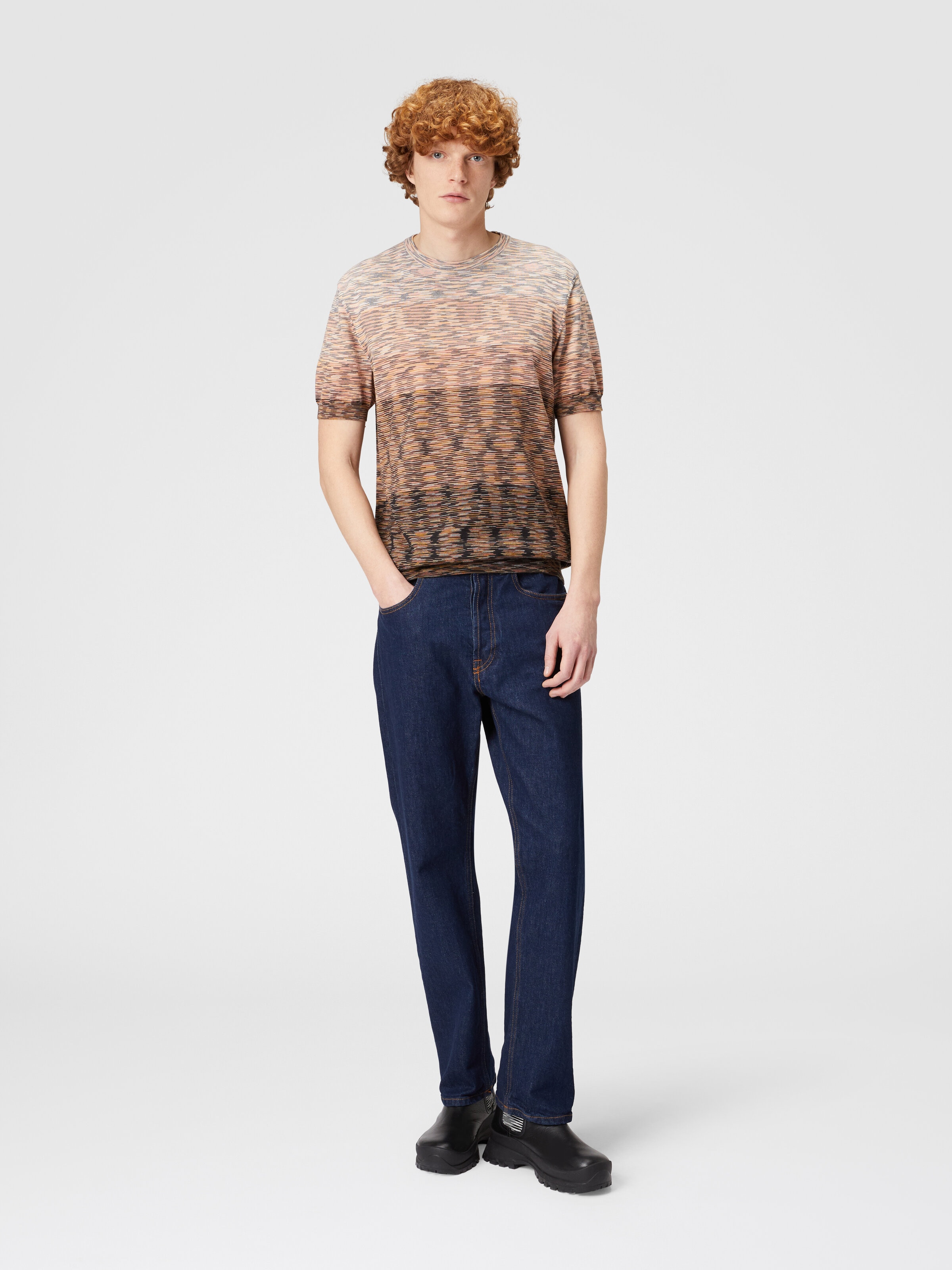 T-shirt en maille de coton flammé, Orange & Brun - 1