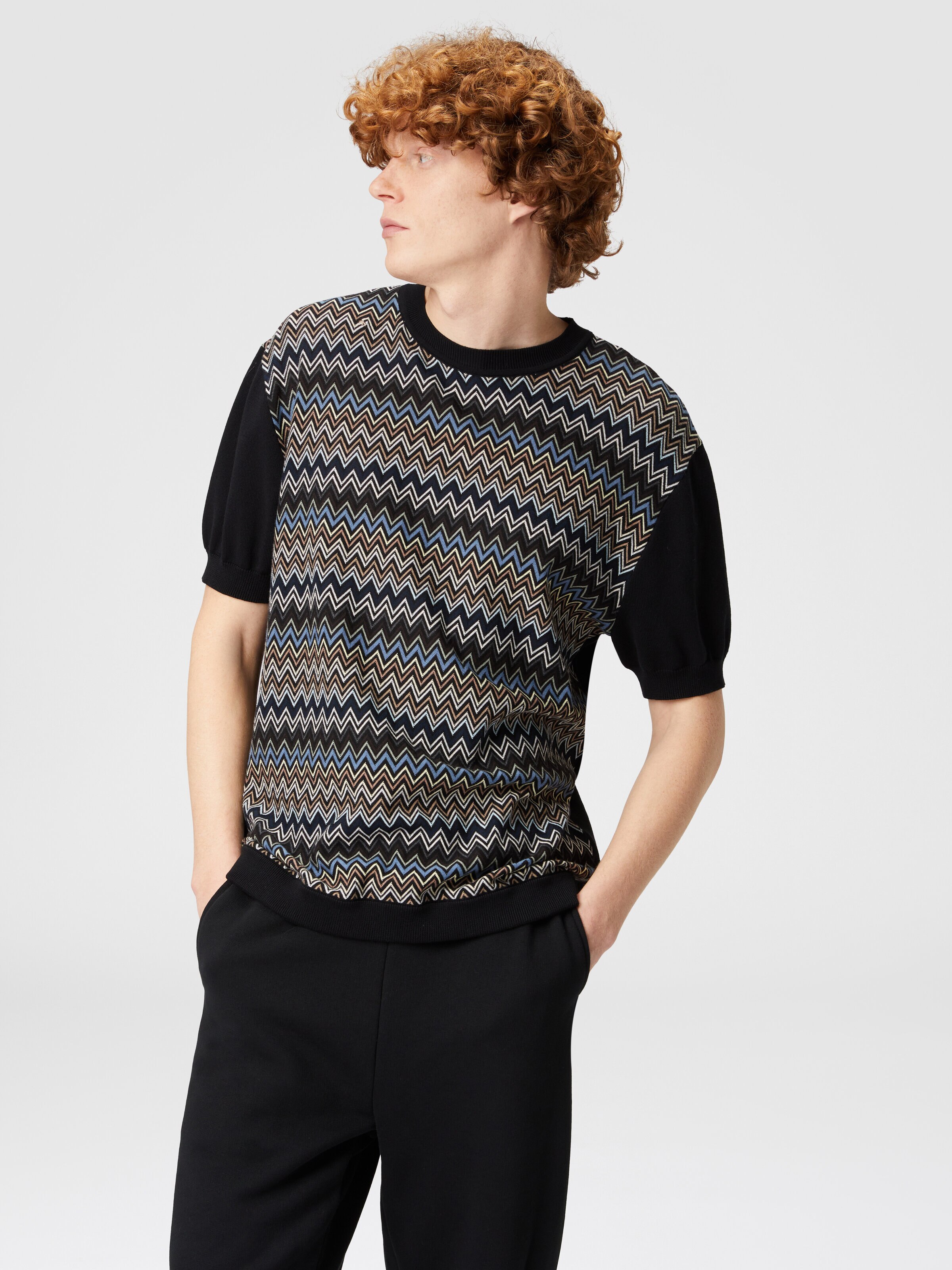 Zigzag cotton knit T-shirt with solid color inserts, Black & Multicoloured  - 3