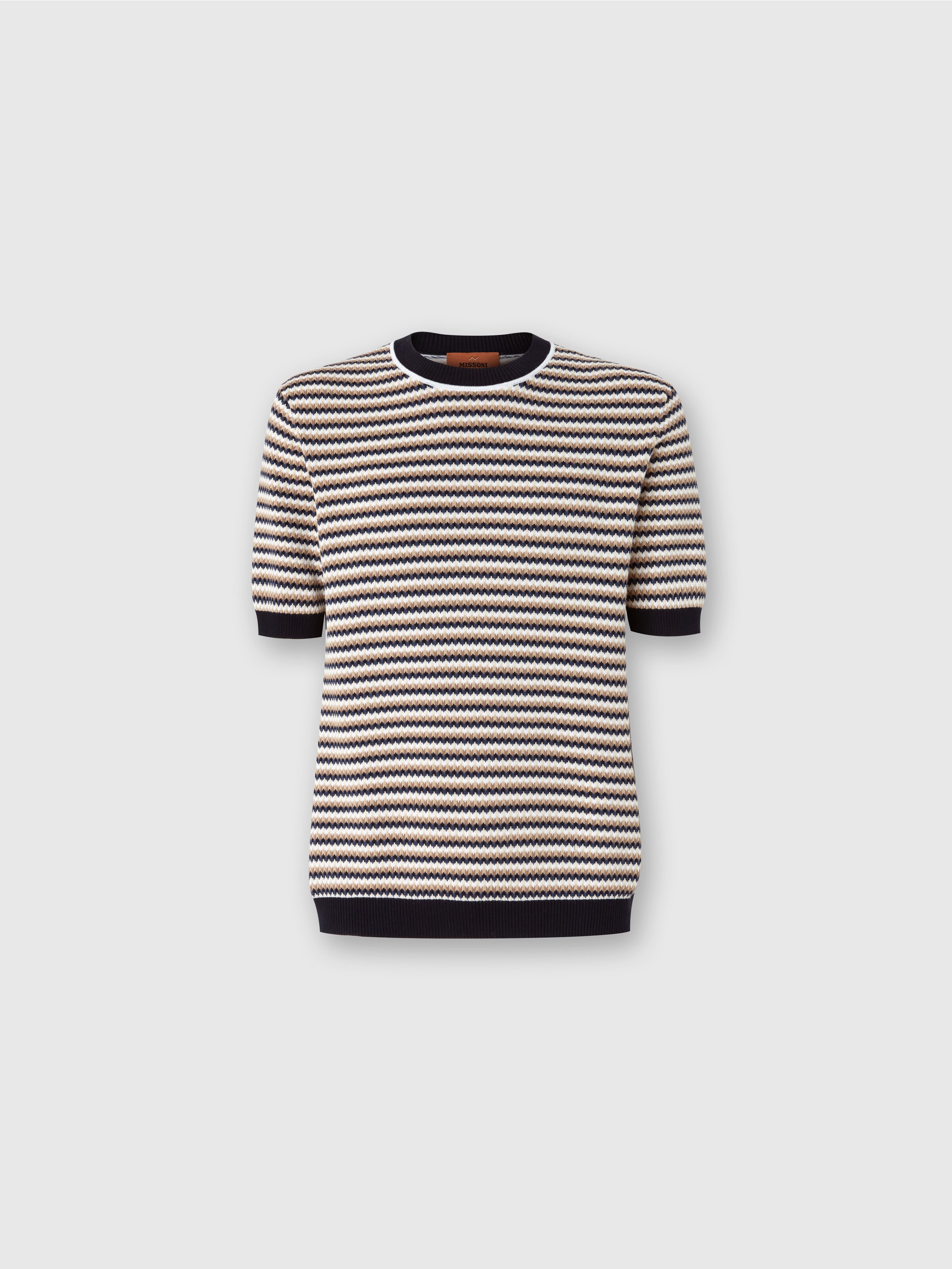 T-shirt in maglia di cotone zig zag con profili a contrasto, Beige & Blu - 0