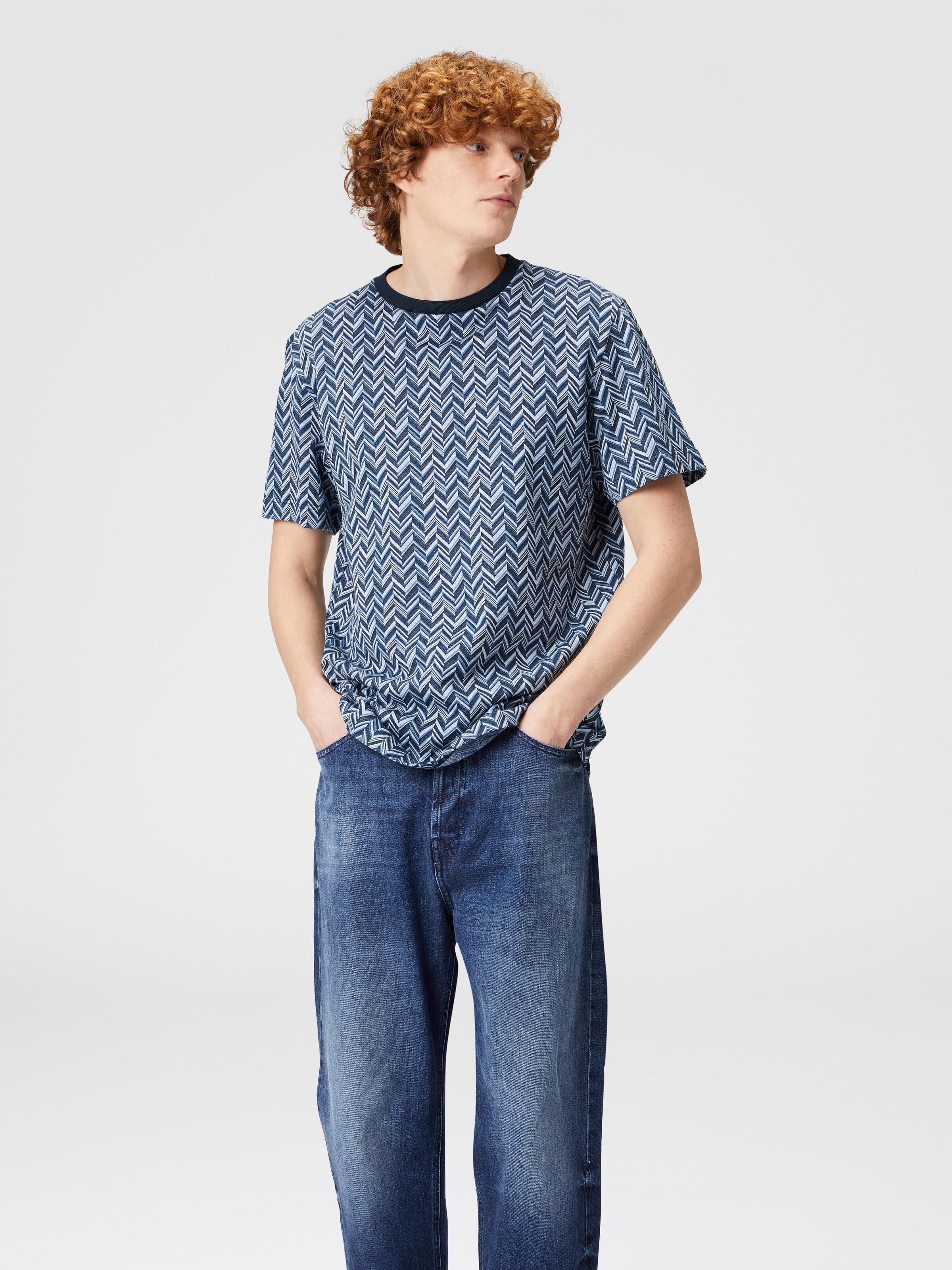 Zig zag jacquard cotton jersey T-shirt, Blue - 3