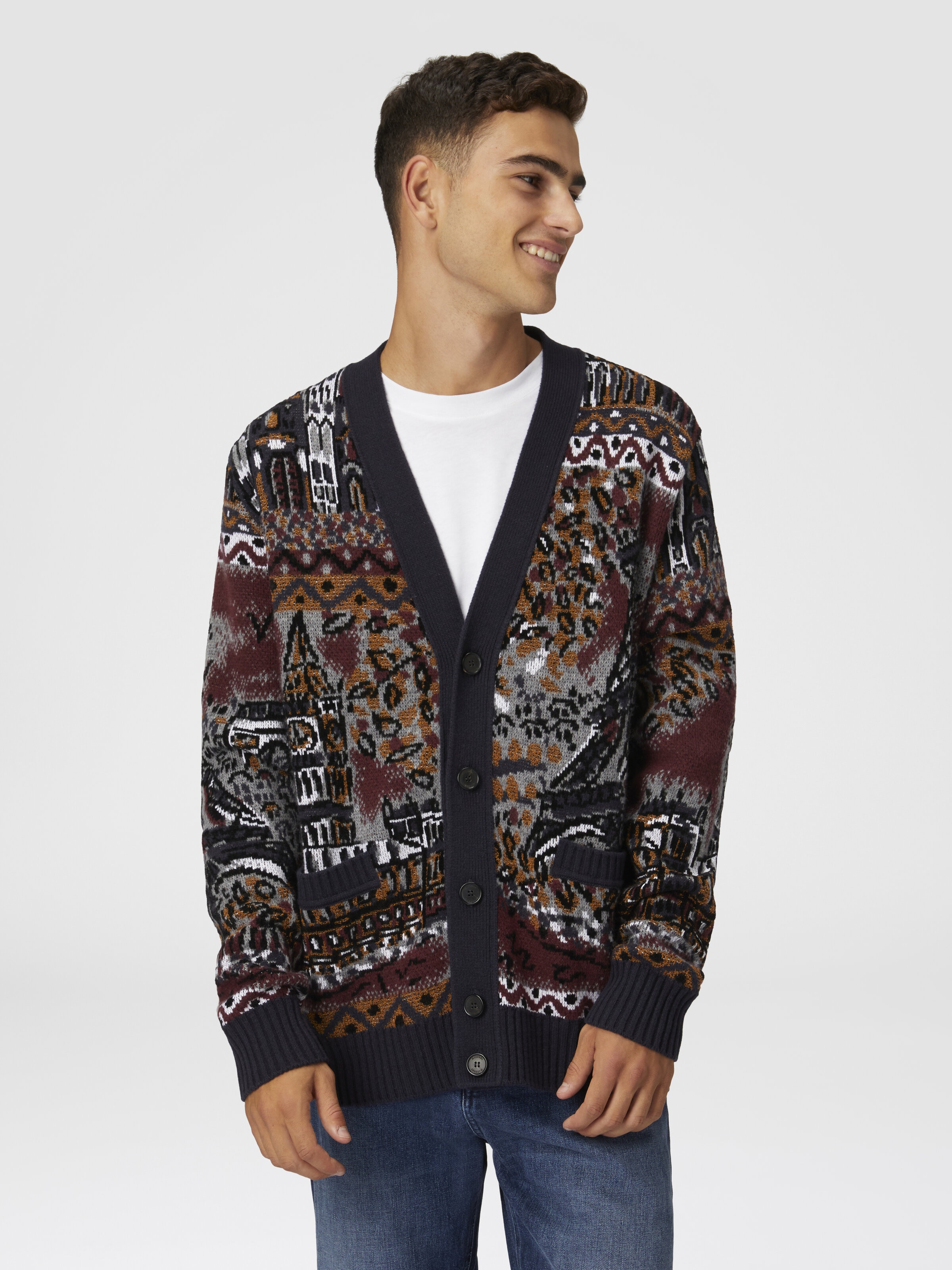 Jacquard wool-blend cardigan with postcard motif, Multicoloured  - 3