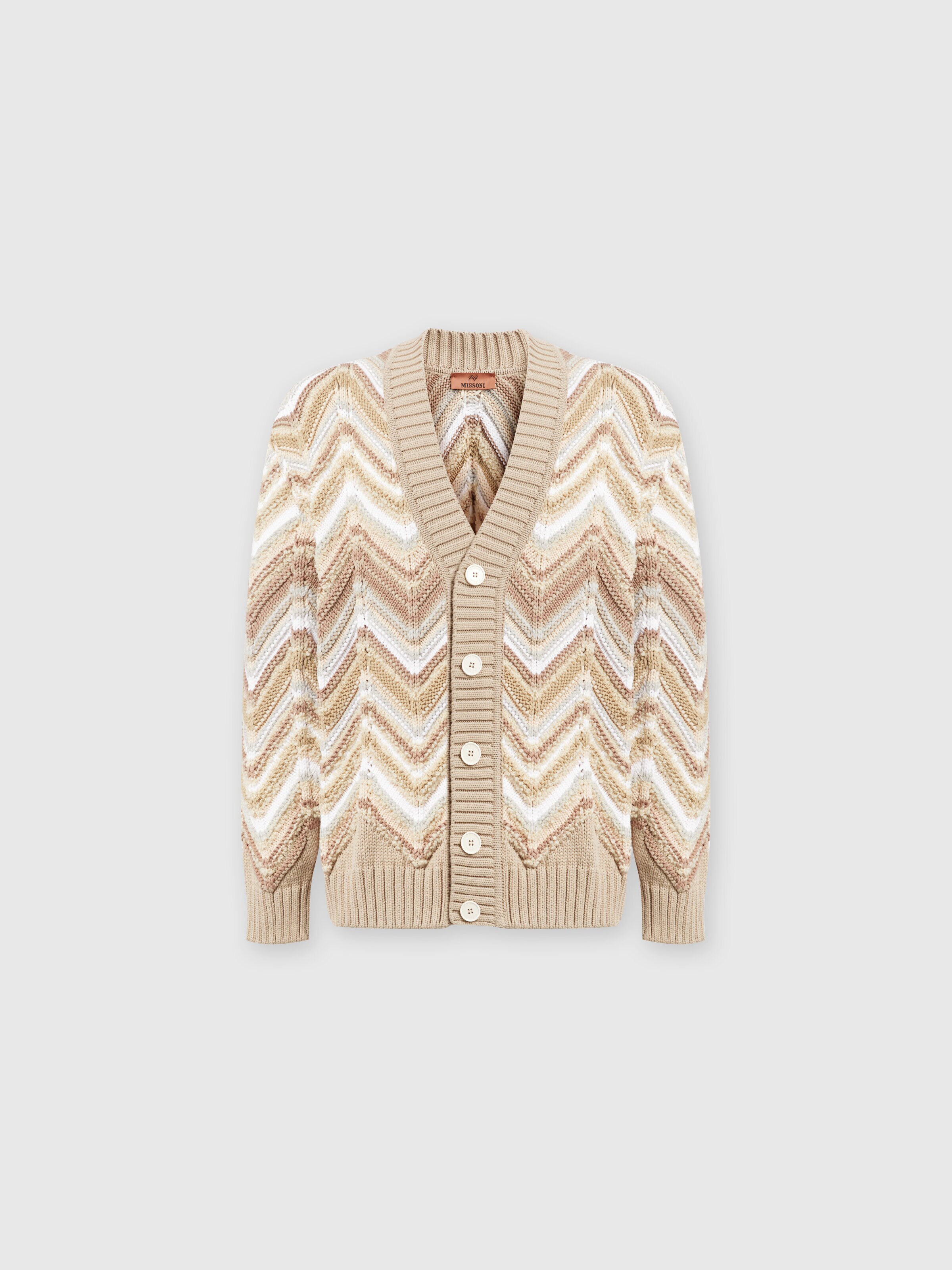 Cotton and wool blend cardigan with macro zig zag, Beige - 0