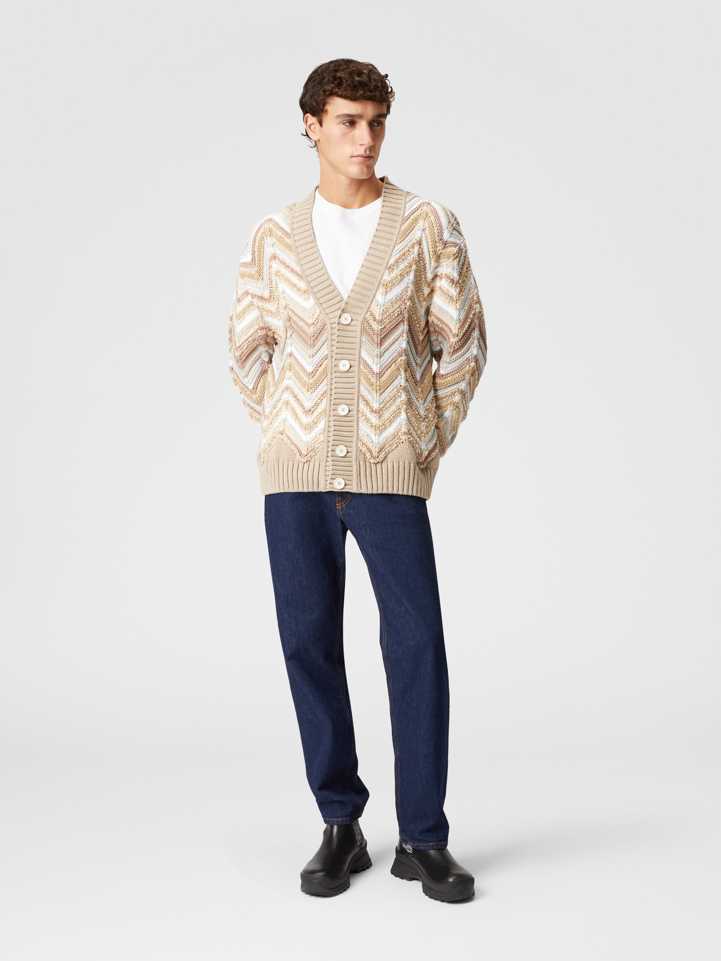 Cotton and wool blend cardigan with macro zig zag, Beige - 1