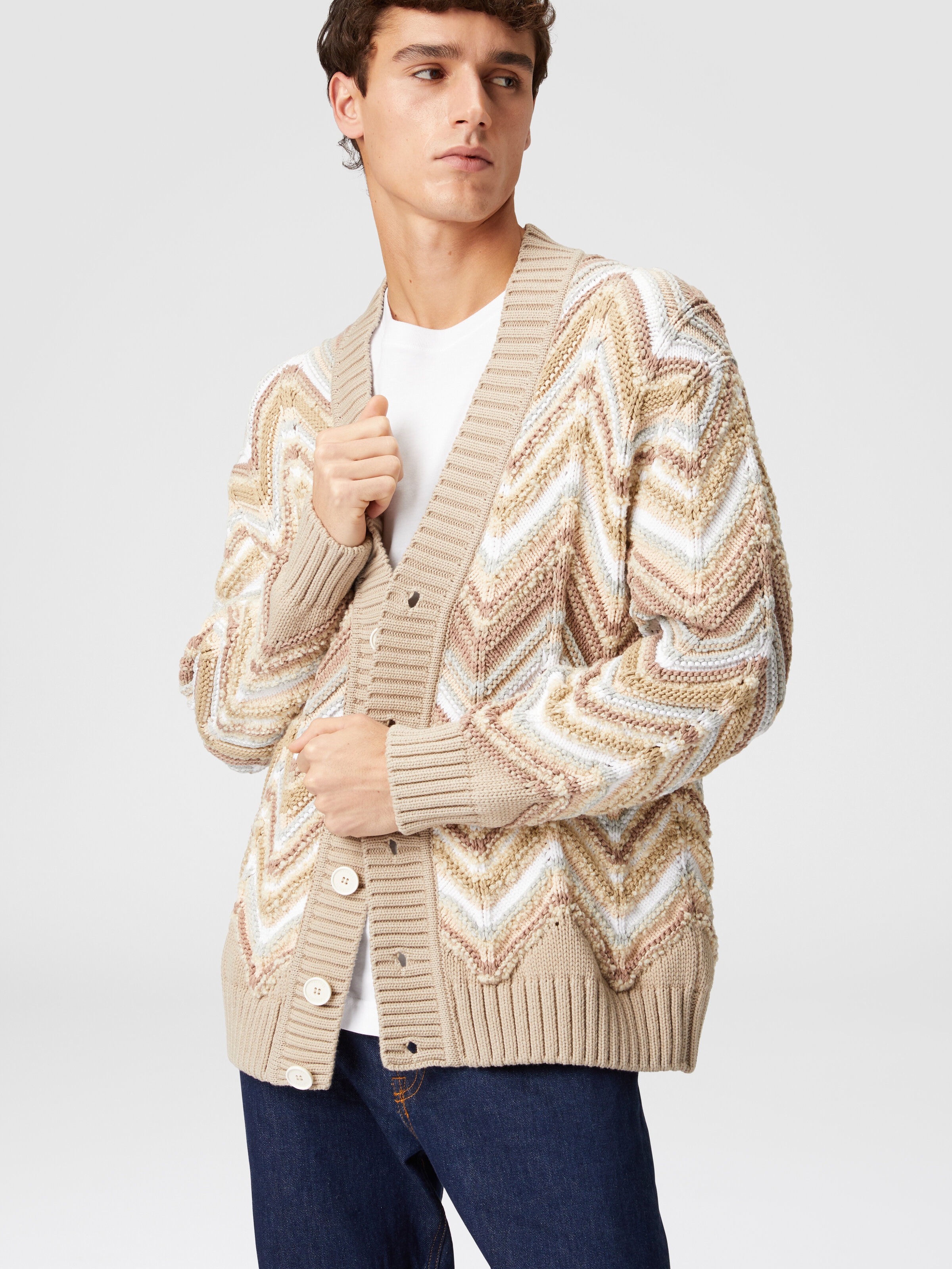 Cotton and wool blend cardigan with macro zig zag, Beige - 3
