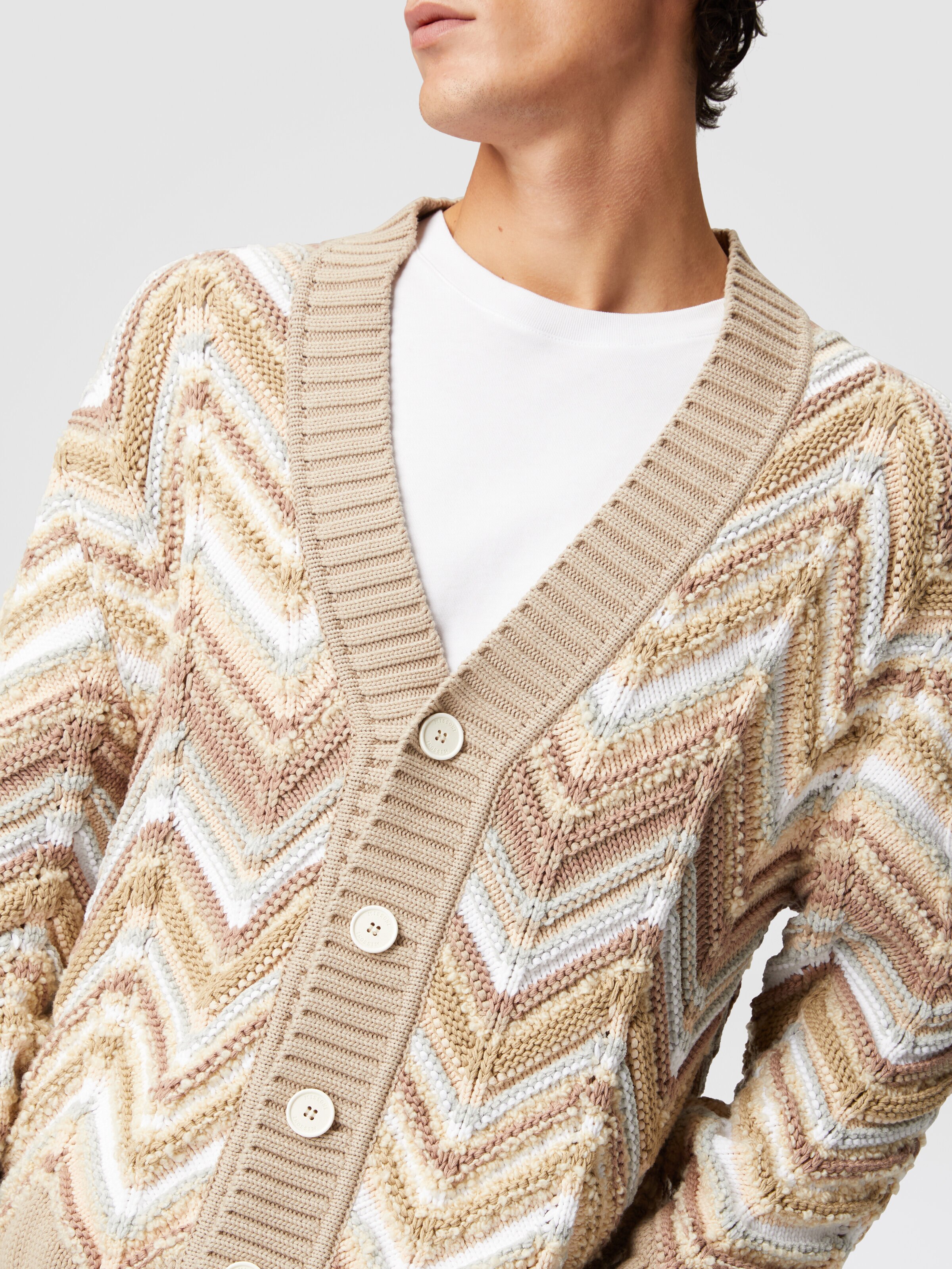 Cotton and wool blend cardigan with macro zig zag, Beige - 4