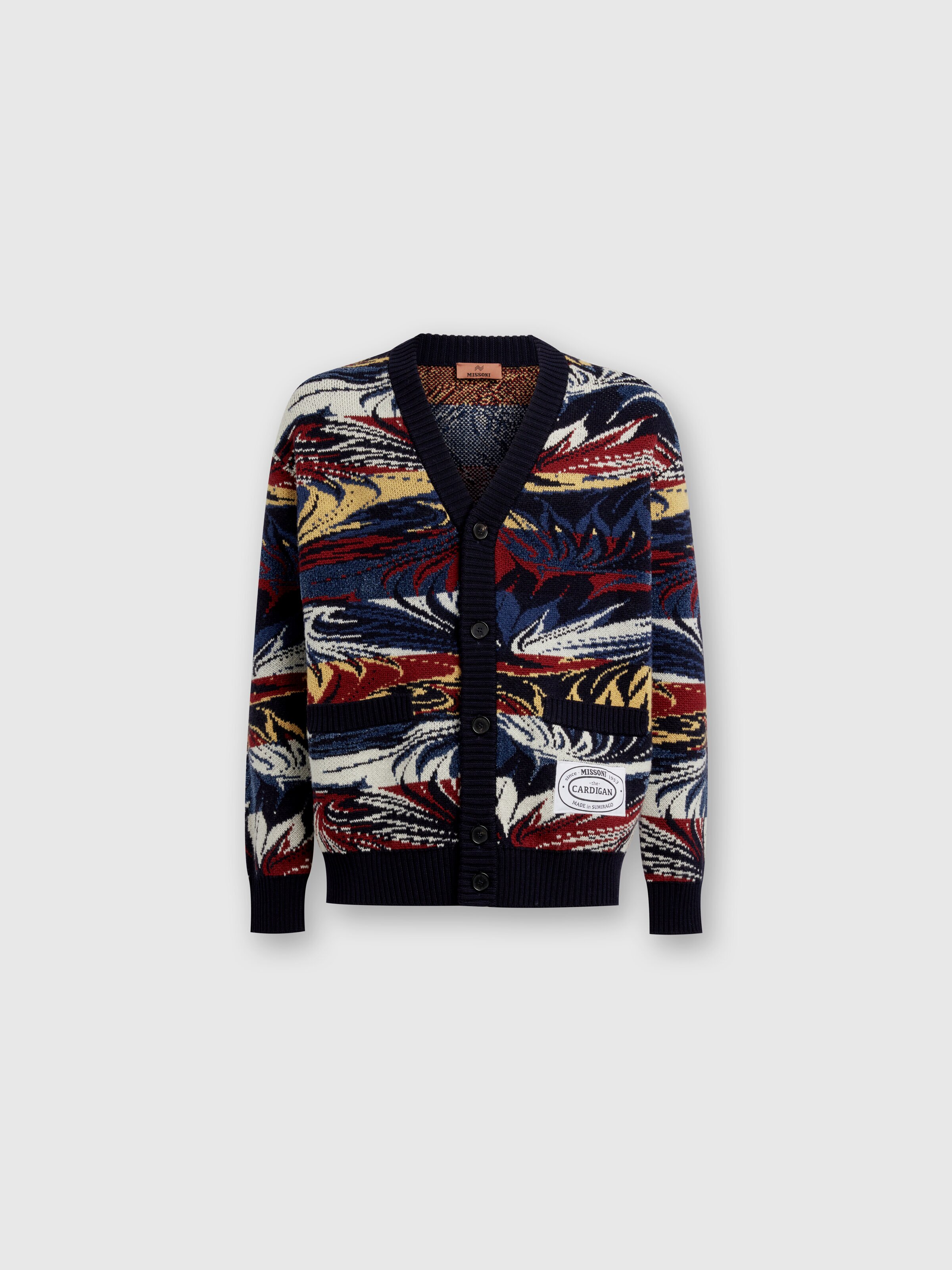 Jacquard wool cardigan with Venetian paper motif, Blue & Multicoloured  - 0