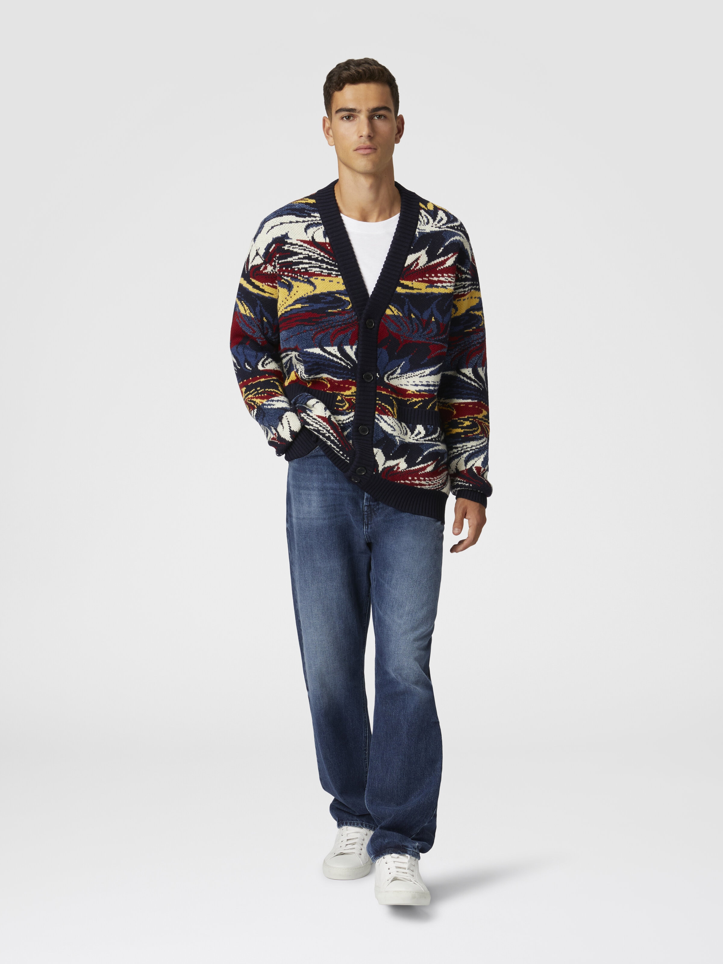 Jacquard wool cardigan with Venetian paper motif, Blue & Multicoloured  - 1