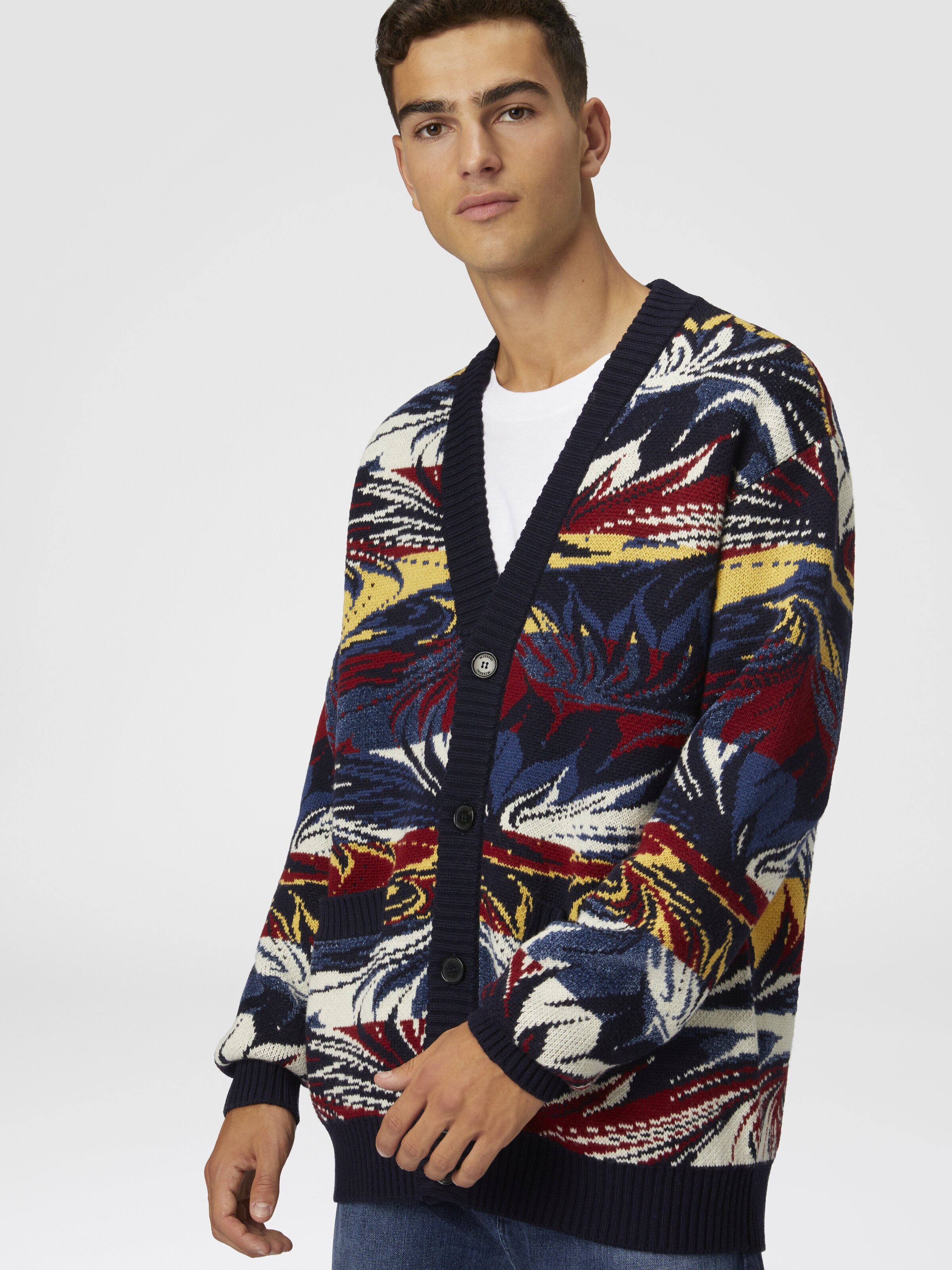 Jacquard wool cardigan with Venetian paper motif, Blue & Multicoloured  - 3