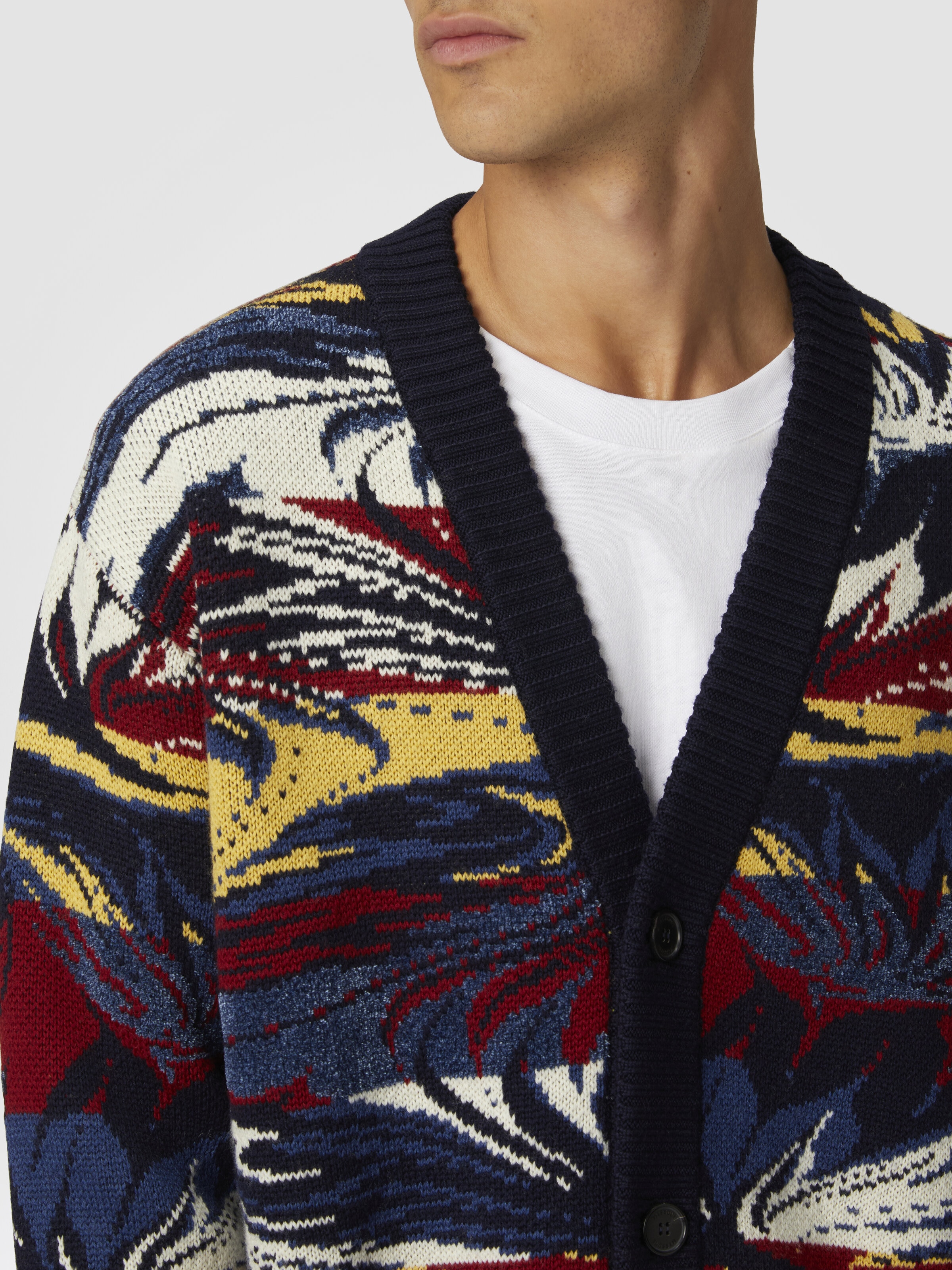 Jacquard wool cardigan with Venetian paper motif, Blue & Multicoloured  - 4