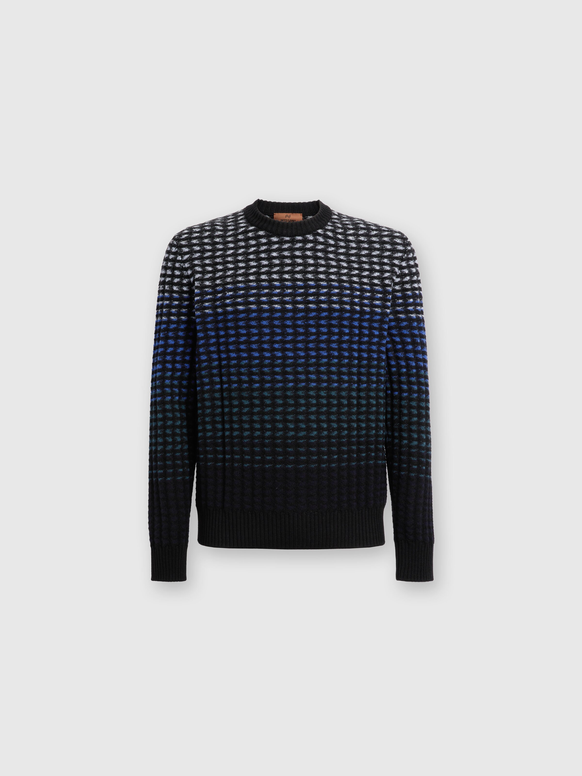 Crew-neck pullover in textured virgin wool knit, Blue - 0