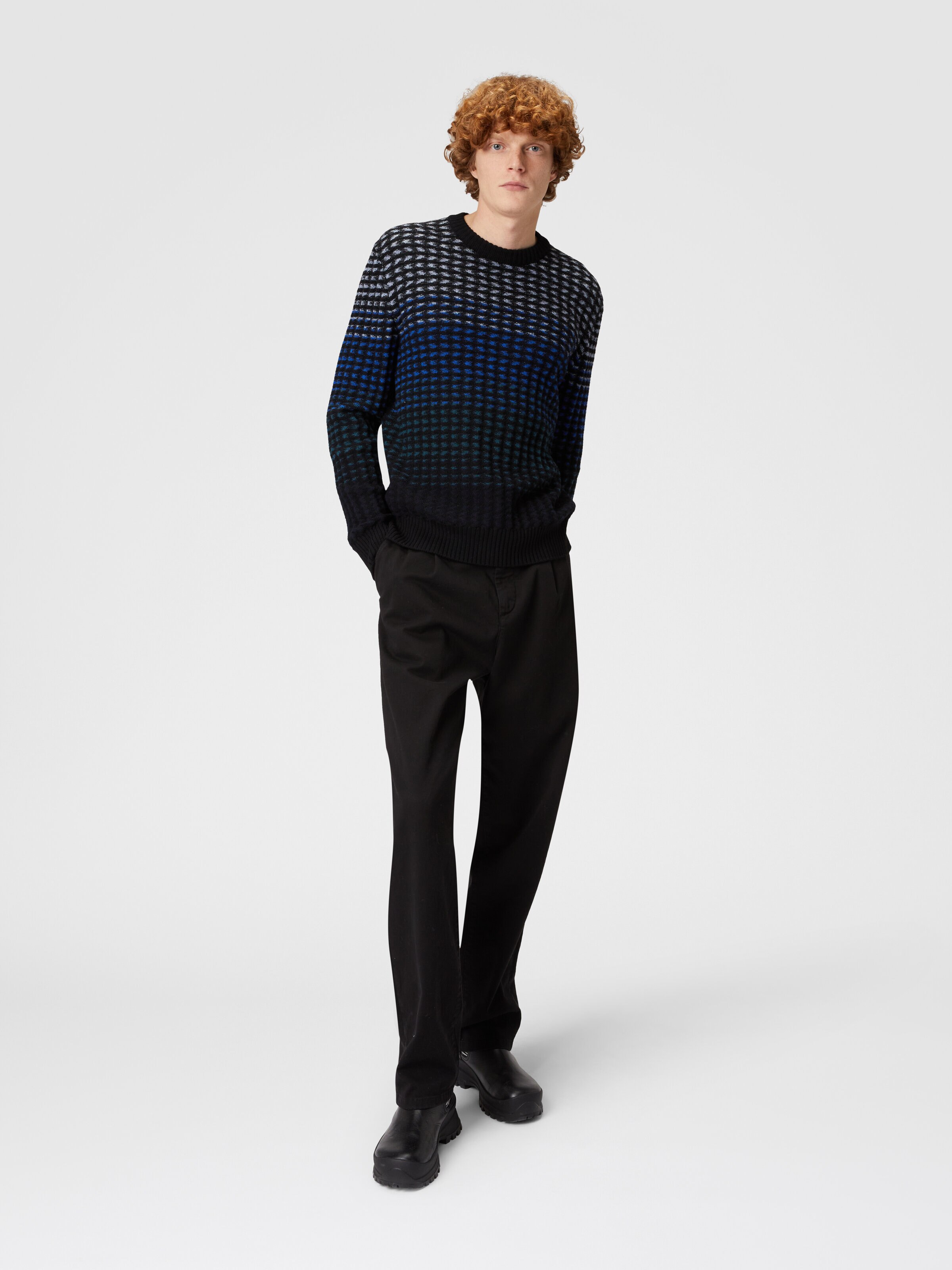 Crew-neck pullover in textured virgin wool knit, Blue - 1