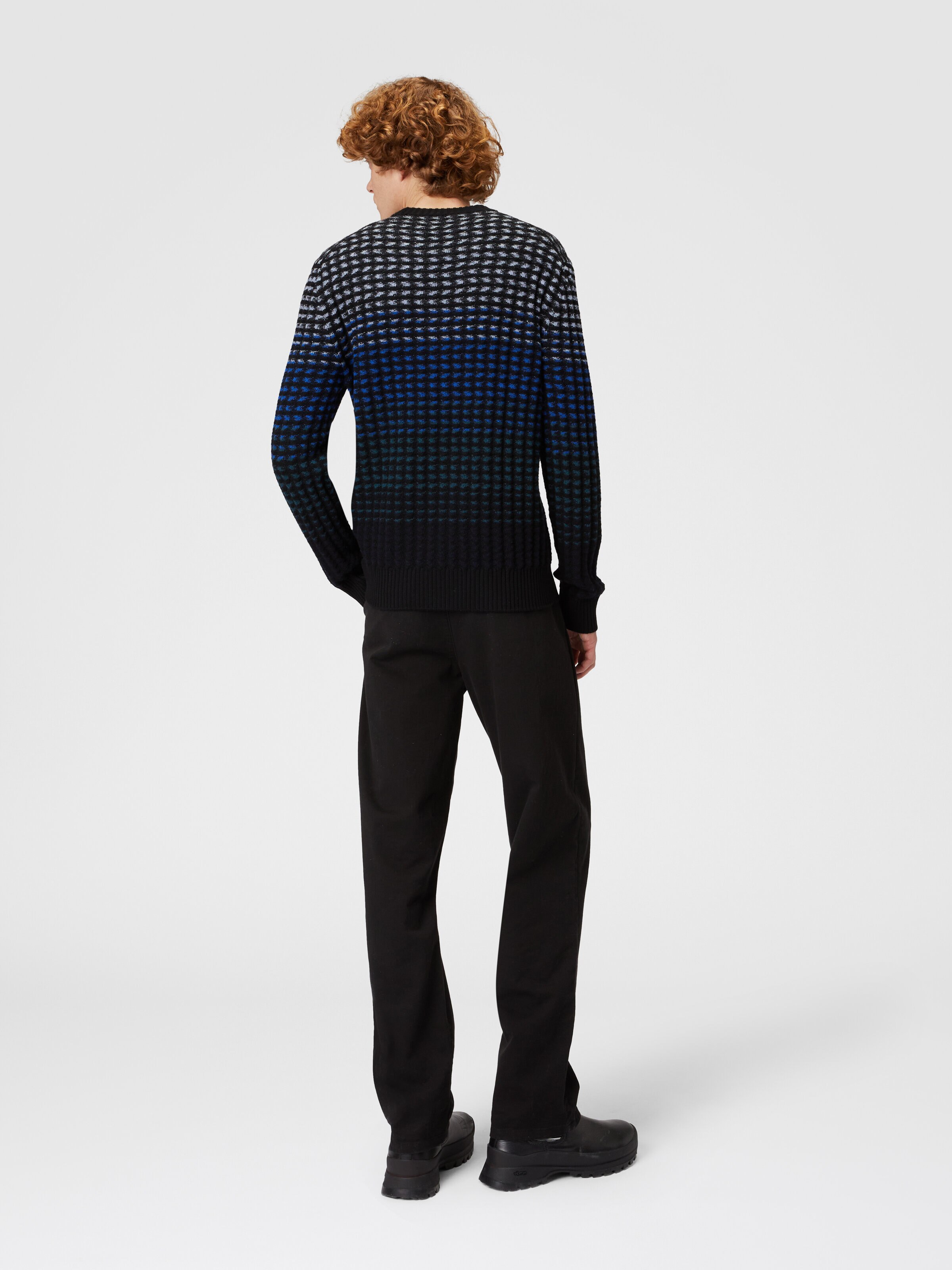 Crew-neck pullover in textured virgin wool knit, Blue - 2