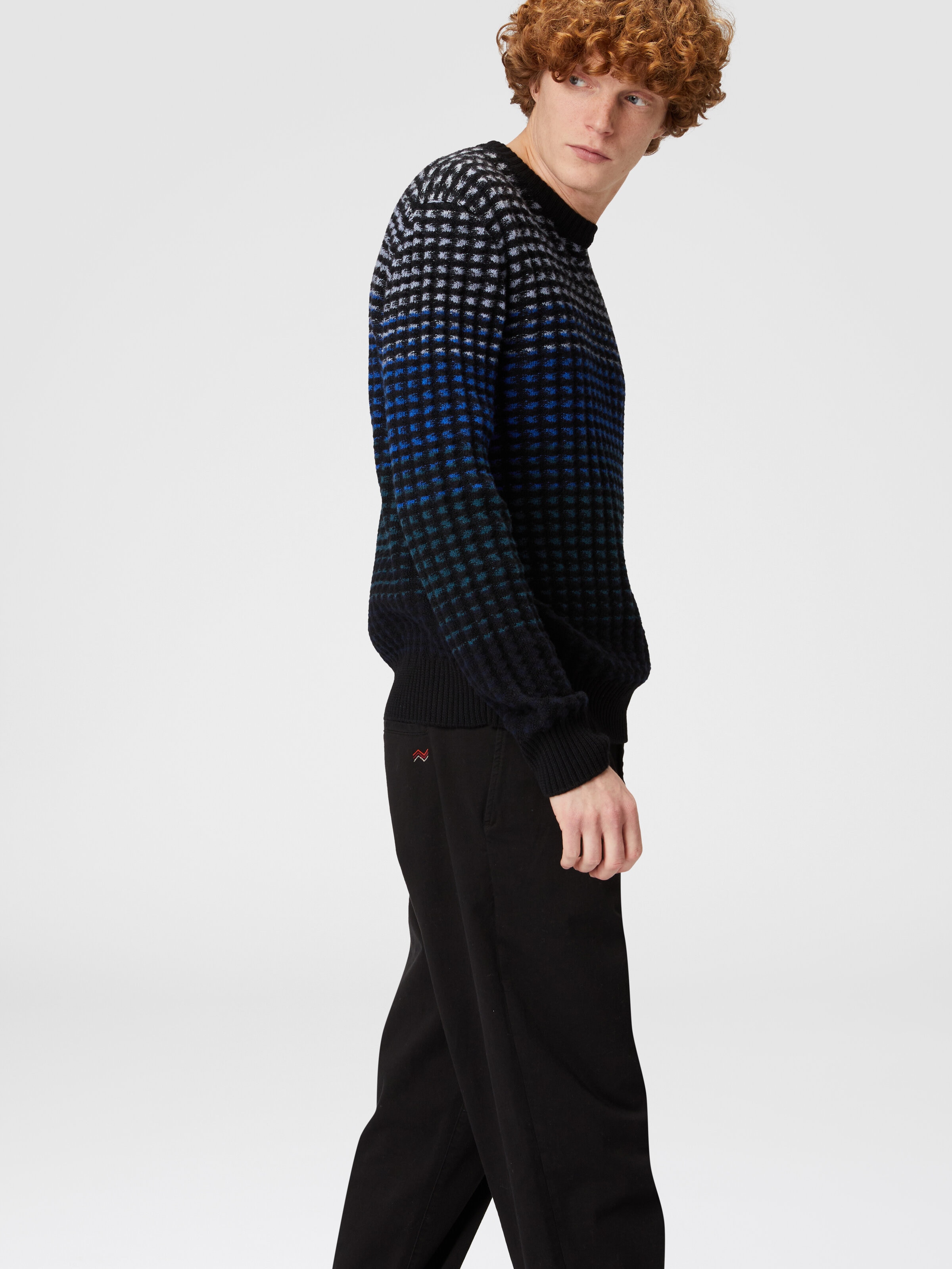 Crew-neck pullover in textured virgin wool knit, Blue - 3