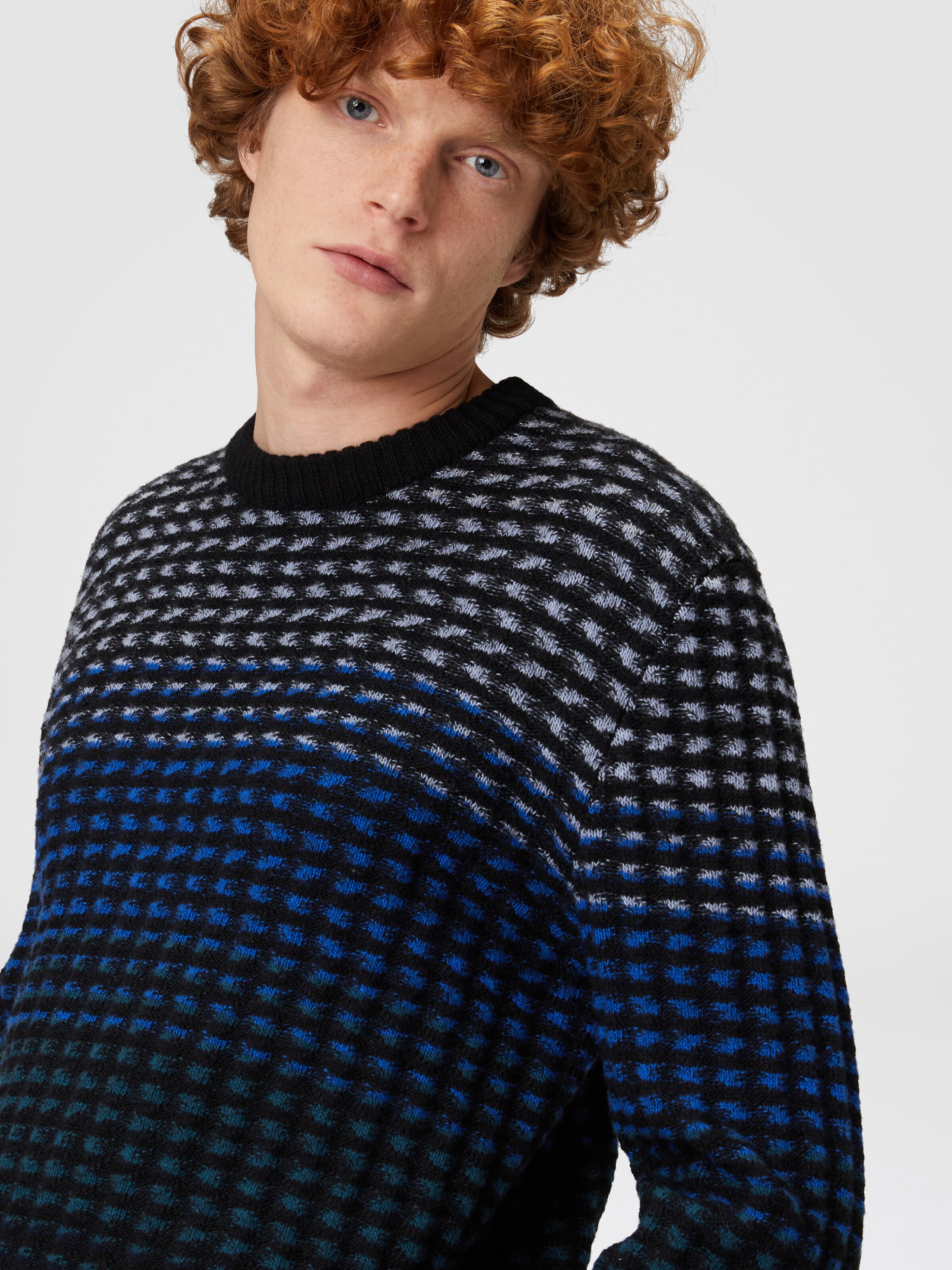 Crew-neck pullover in textured virgin wool knit, Blue - 4