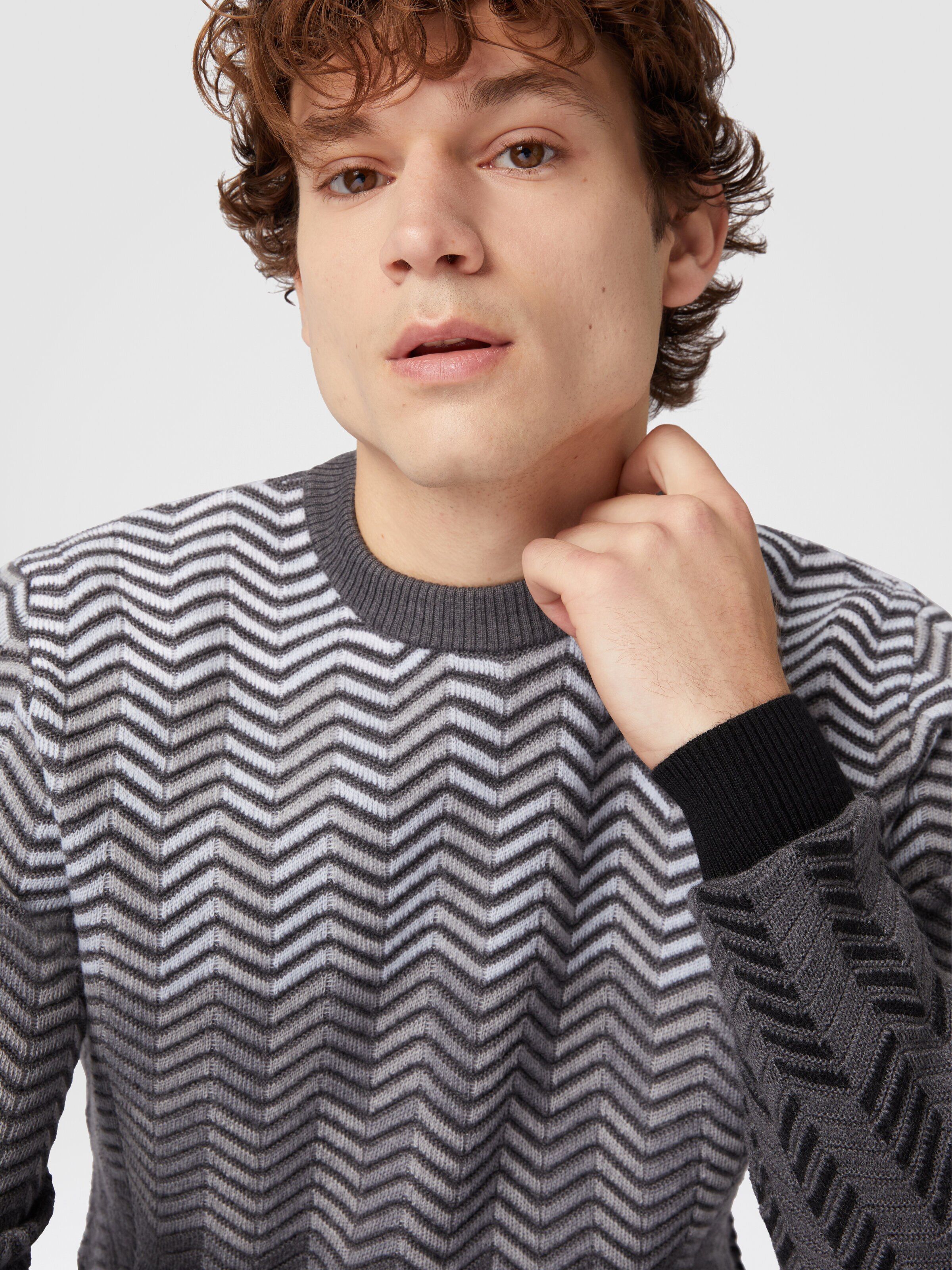 Zigzag virgin wool crewneck pullover, Grey - 3