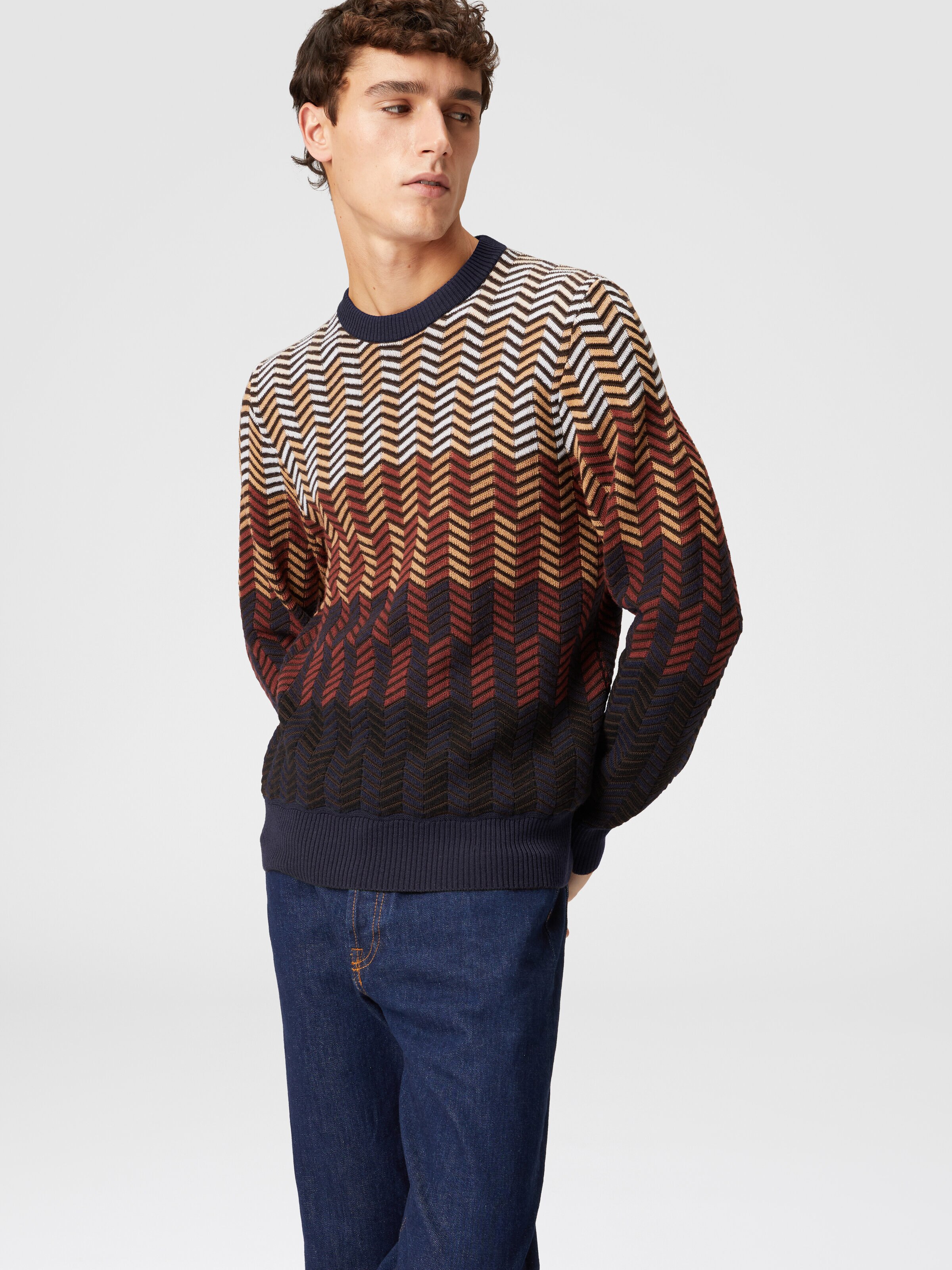 Zigzag virgin wool crewneck pullover, Brown - 3