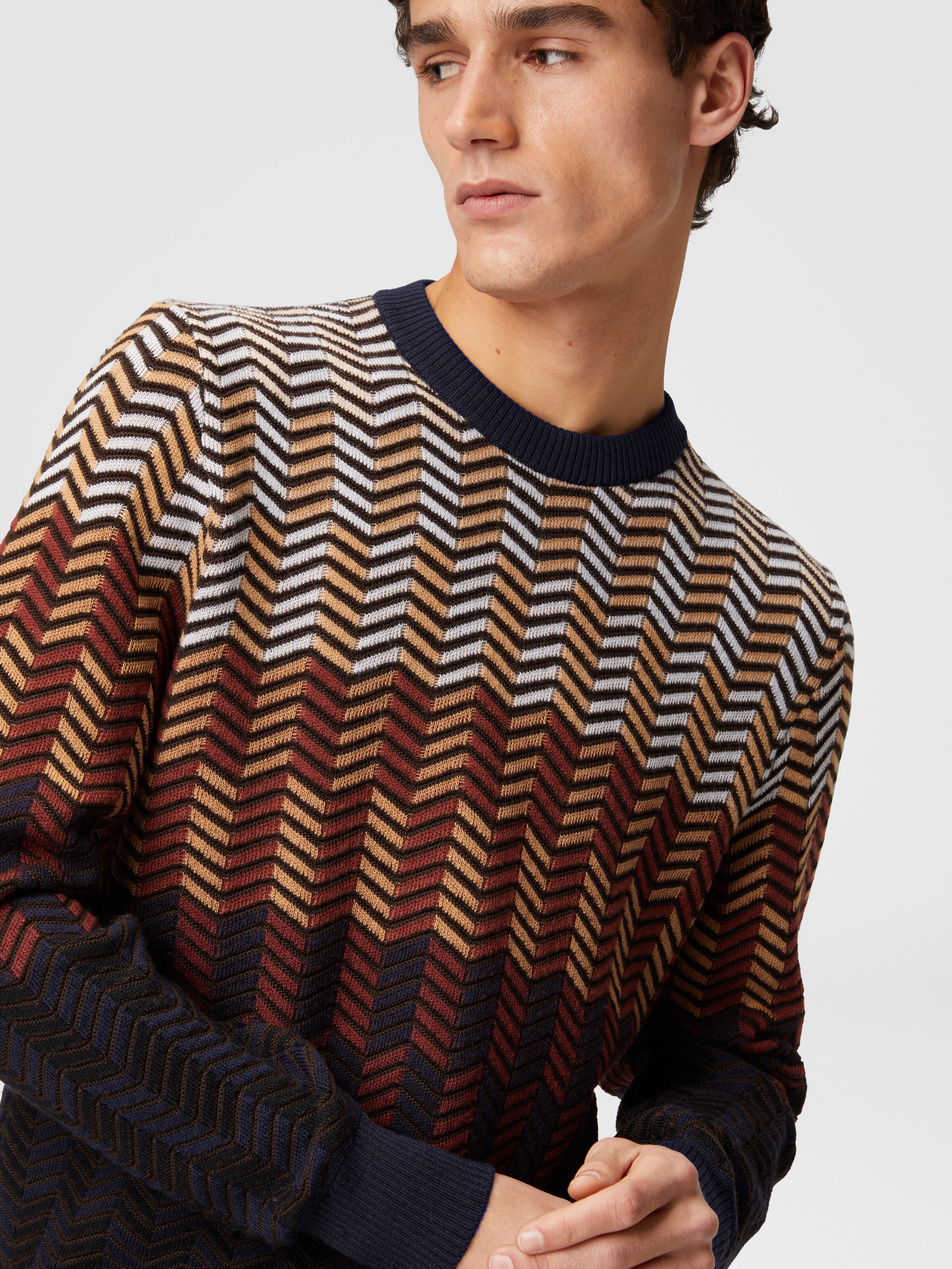 Zigzag virgin wool crewneck pullover, Brown - 4