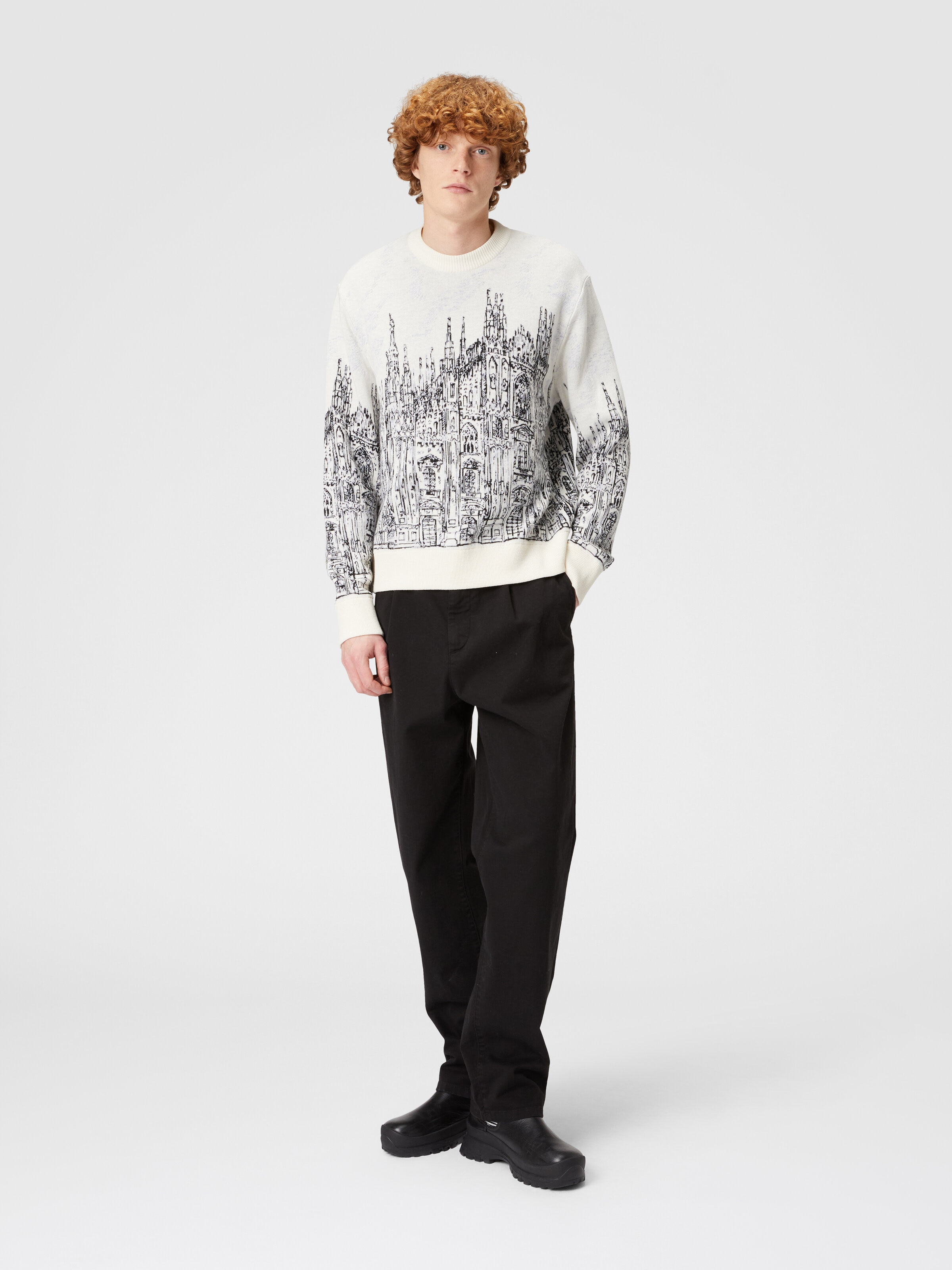 Crewneck pullover in jacquard cotton blend "Milano", Black & White - 1