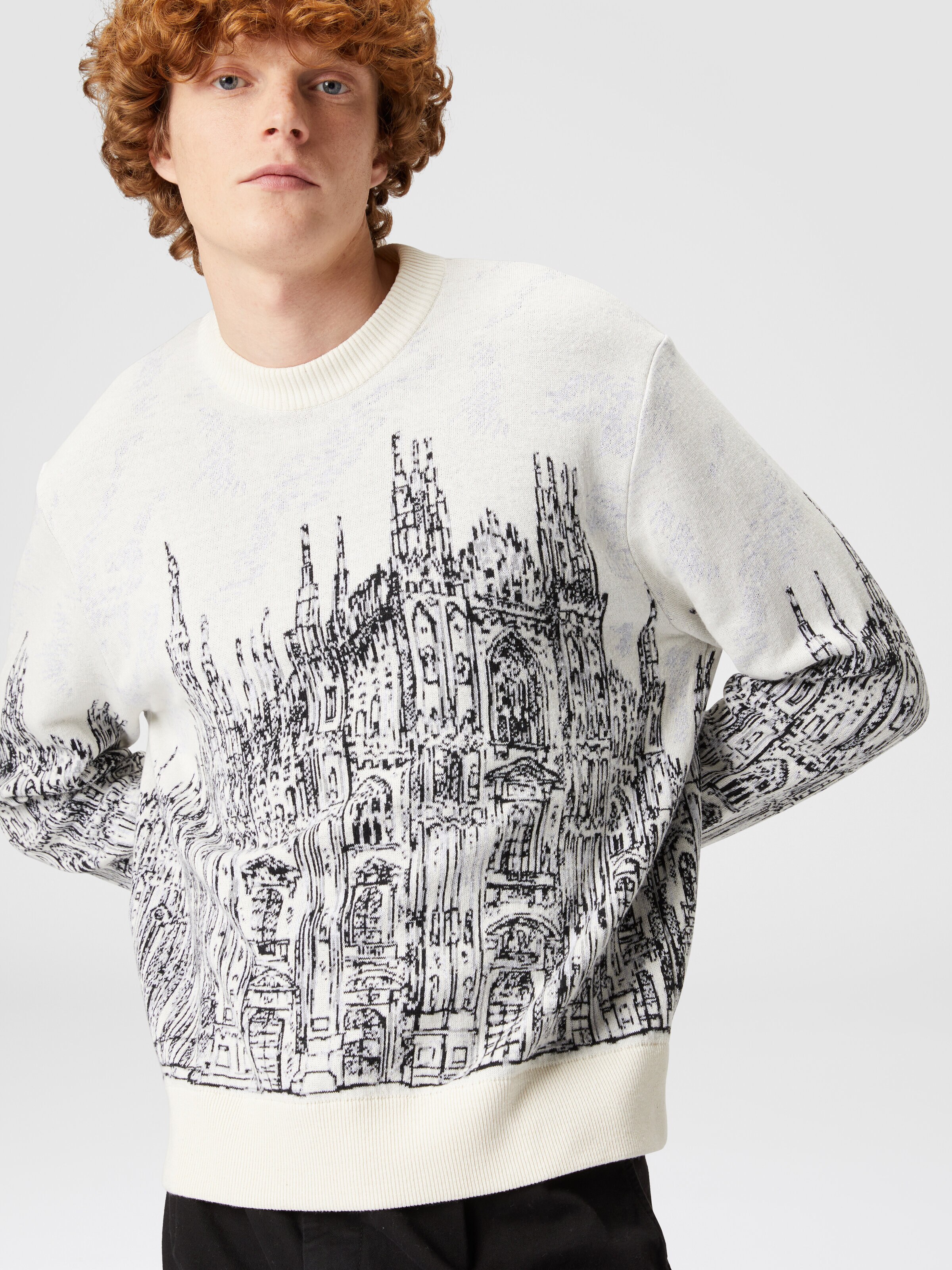 Crewneck pullover in jacquard cotton blend "Milano", Black & White - 4