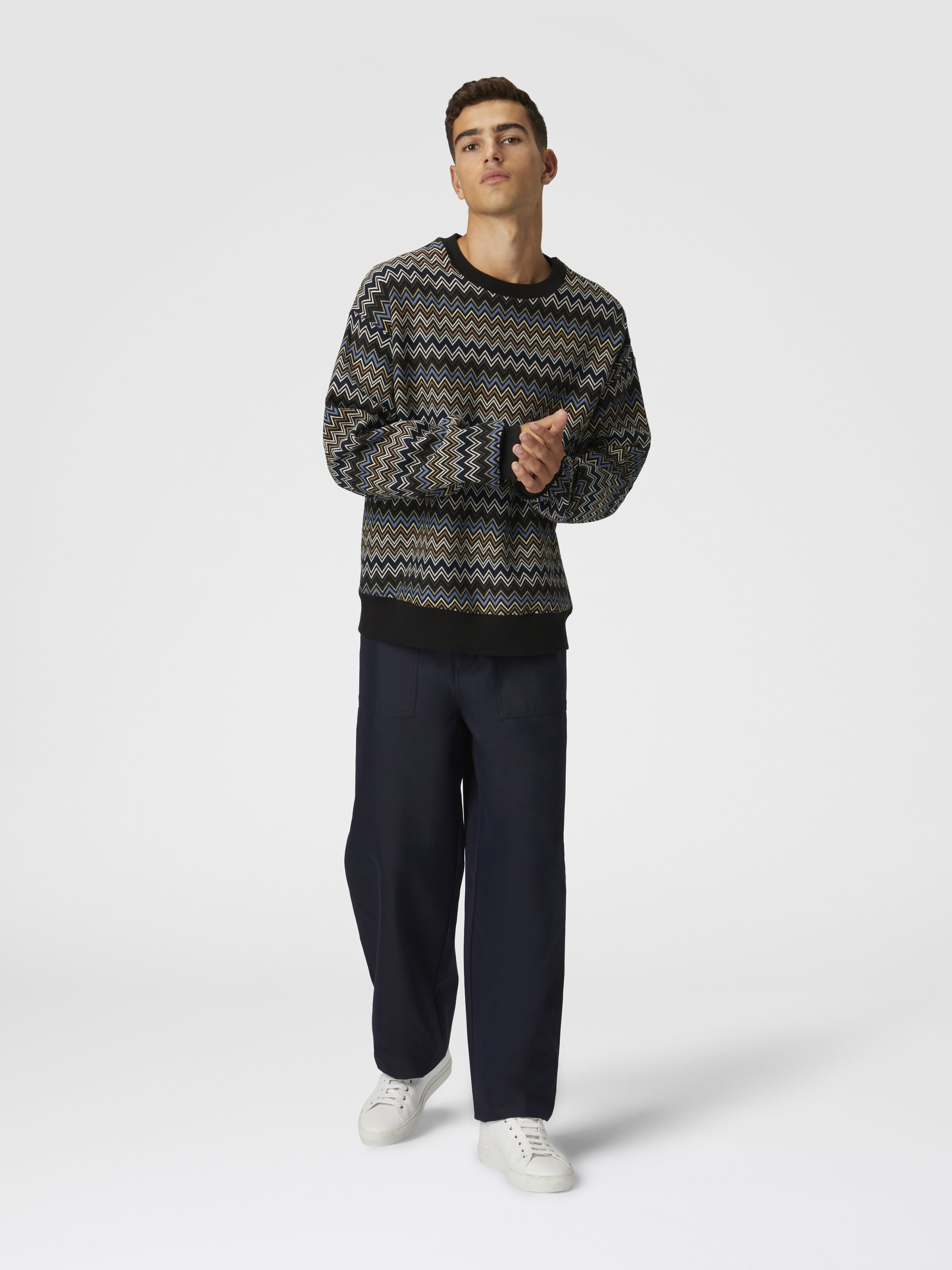 Zig zag cotton crewneck sweatshirt, Black & Blue - 1