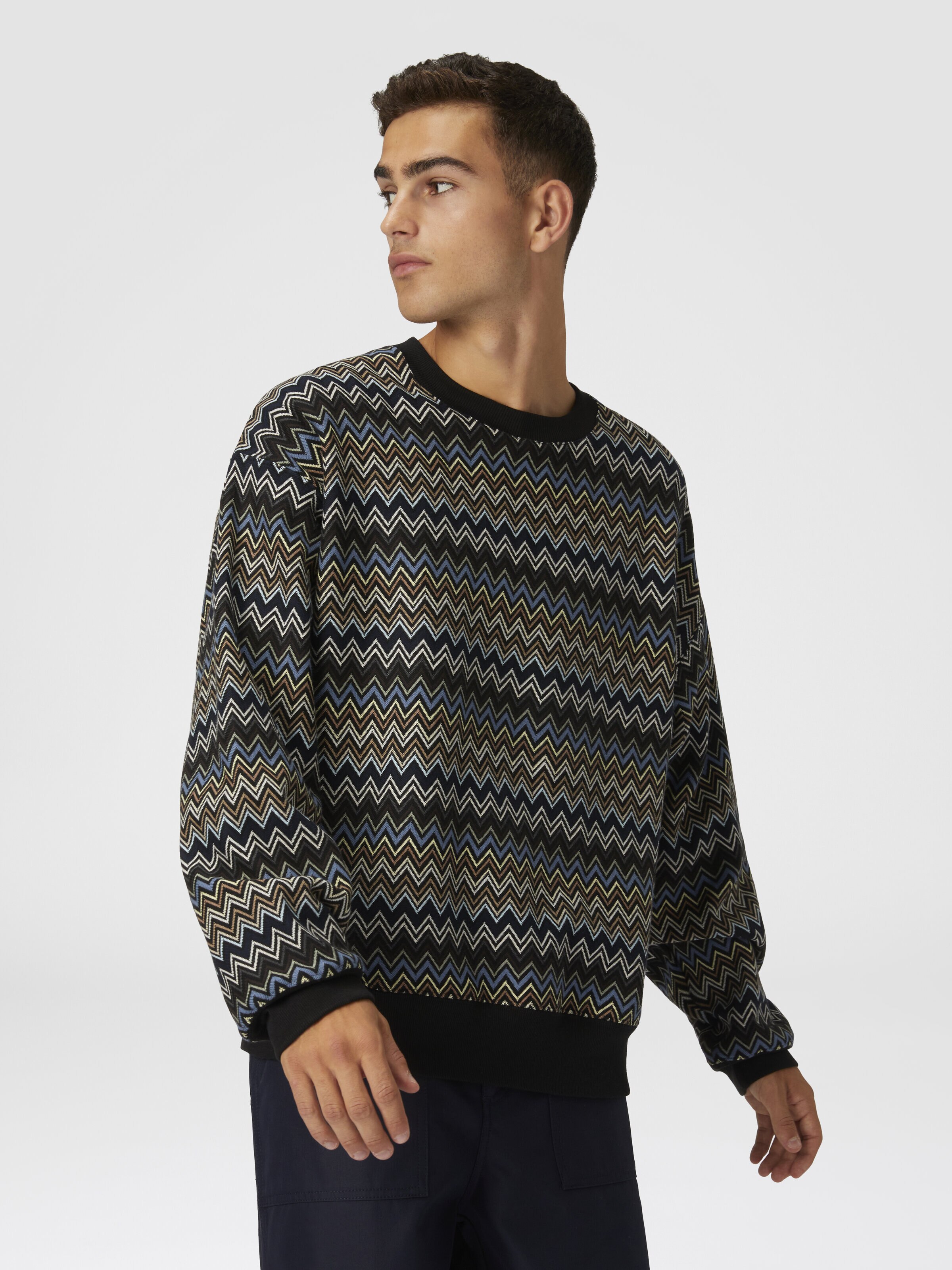 Zig zag cotton crewneck sweatshirt, Black & Blue - 3