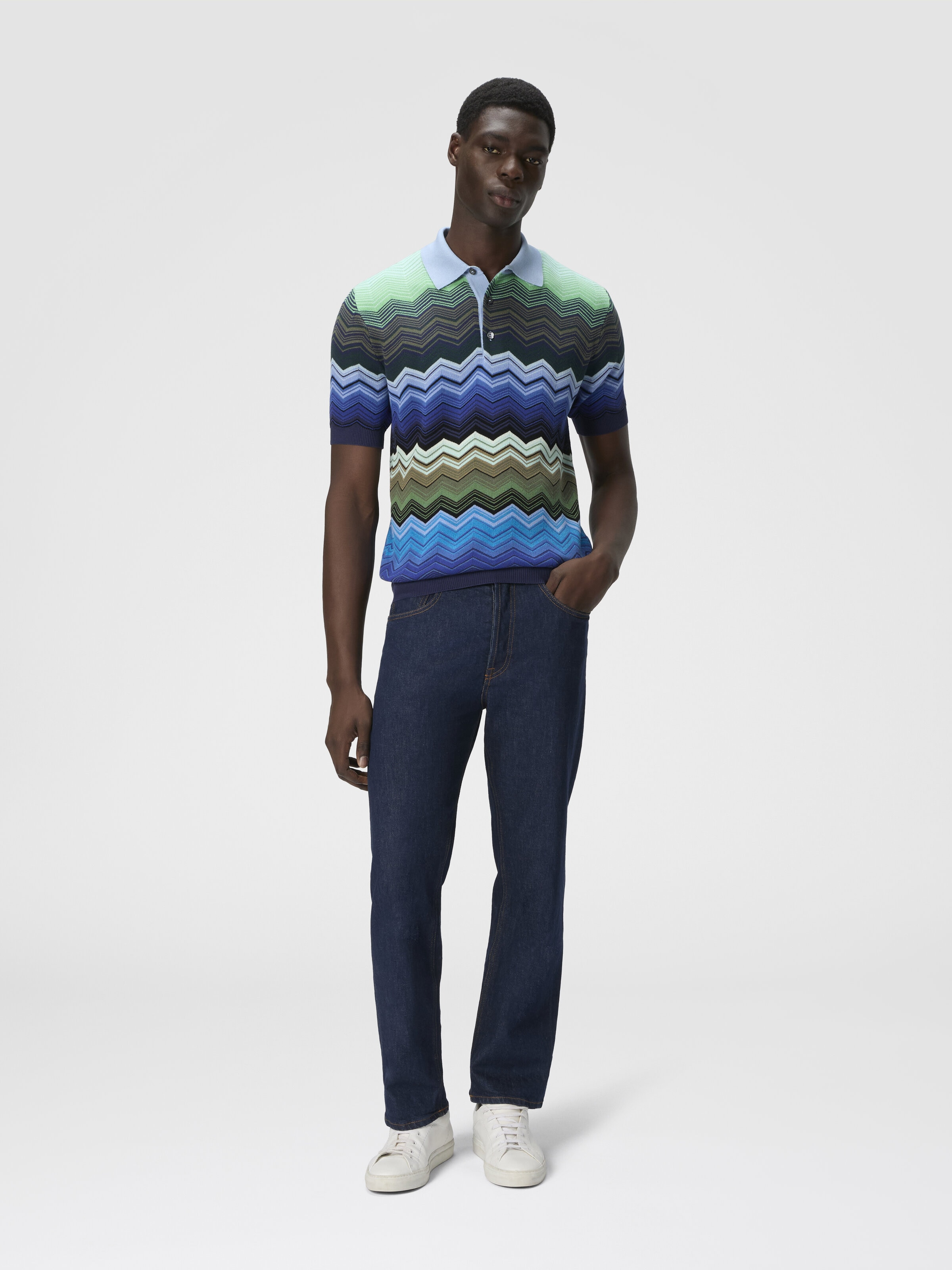 Polo in maglia di cotone zig zag con profili a contrasto, Blu & Verde - 1