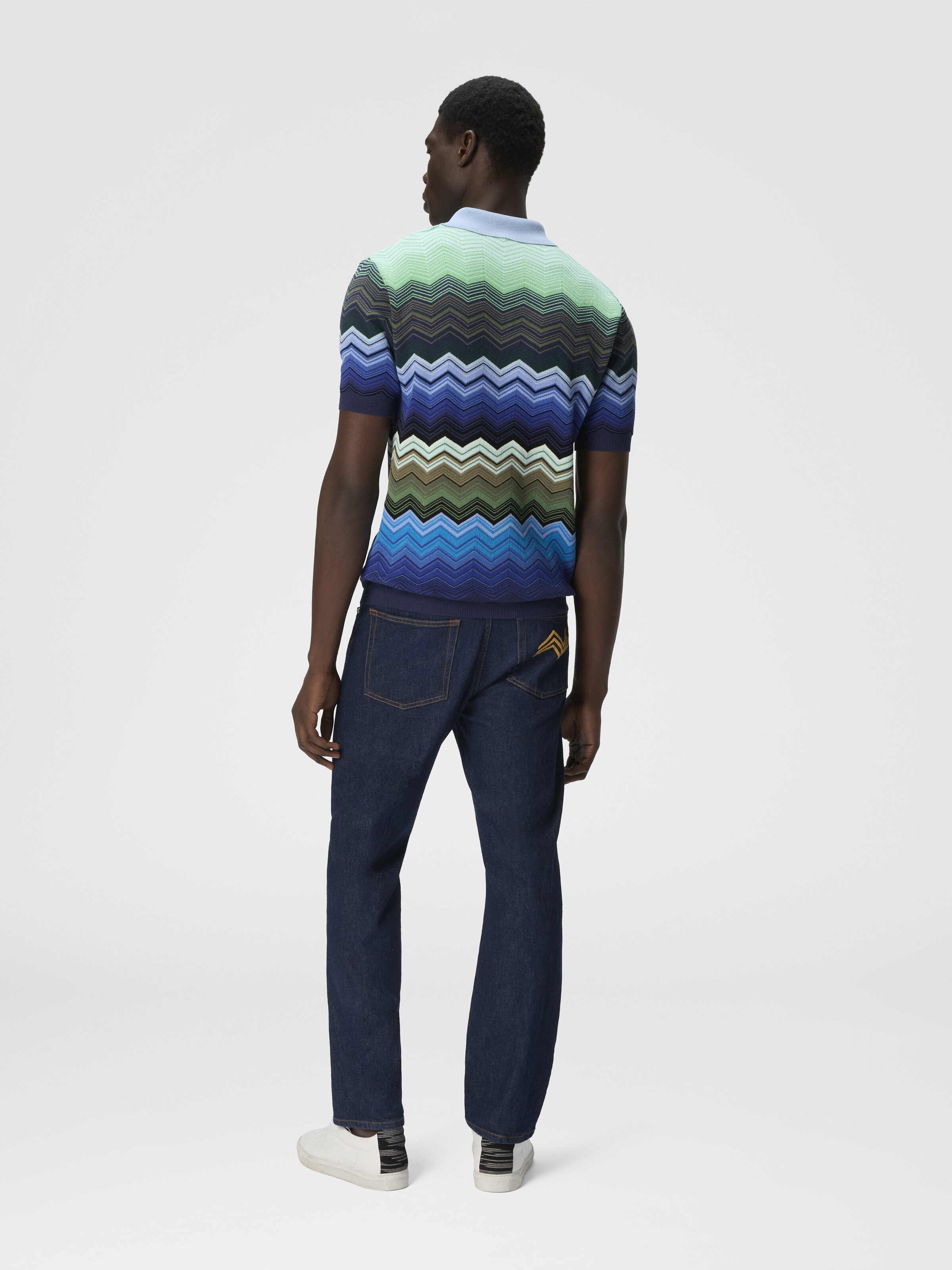 Polo in maglia di cotone zig zag con profili a contrasto, Blu & Verde - 2