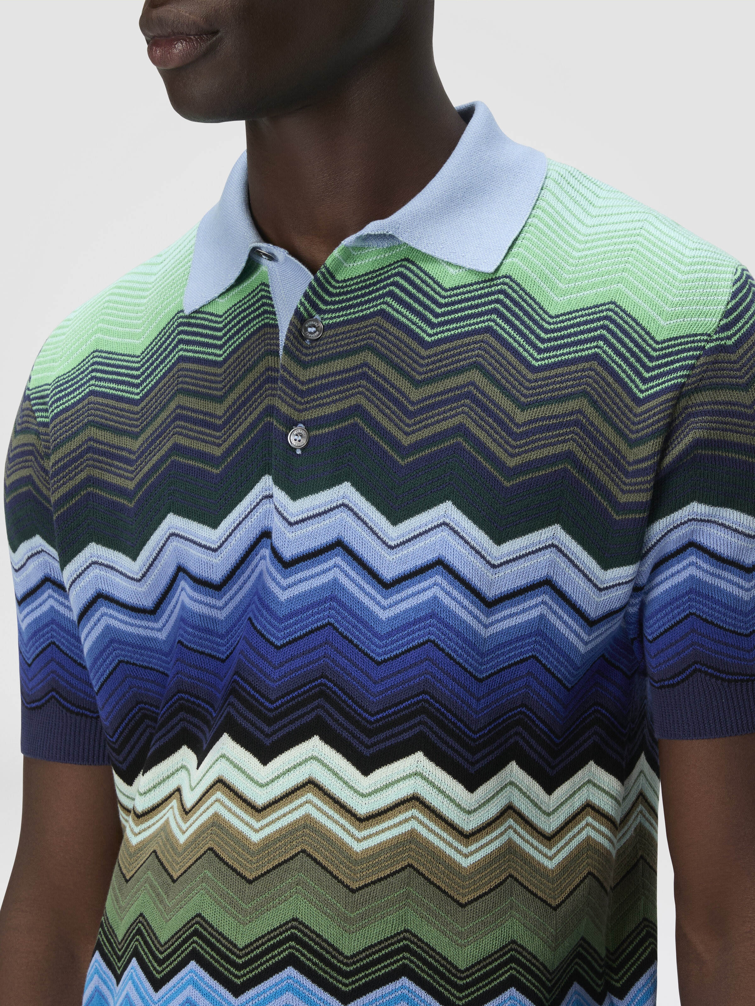 Polo in maglia di cotone zig zag con profili a contrasto, Blu & Verde - 4