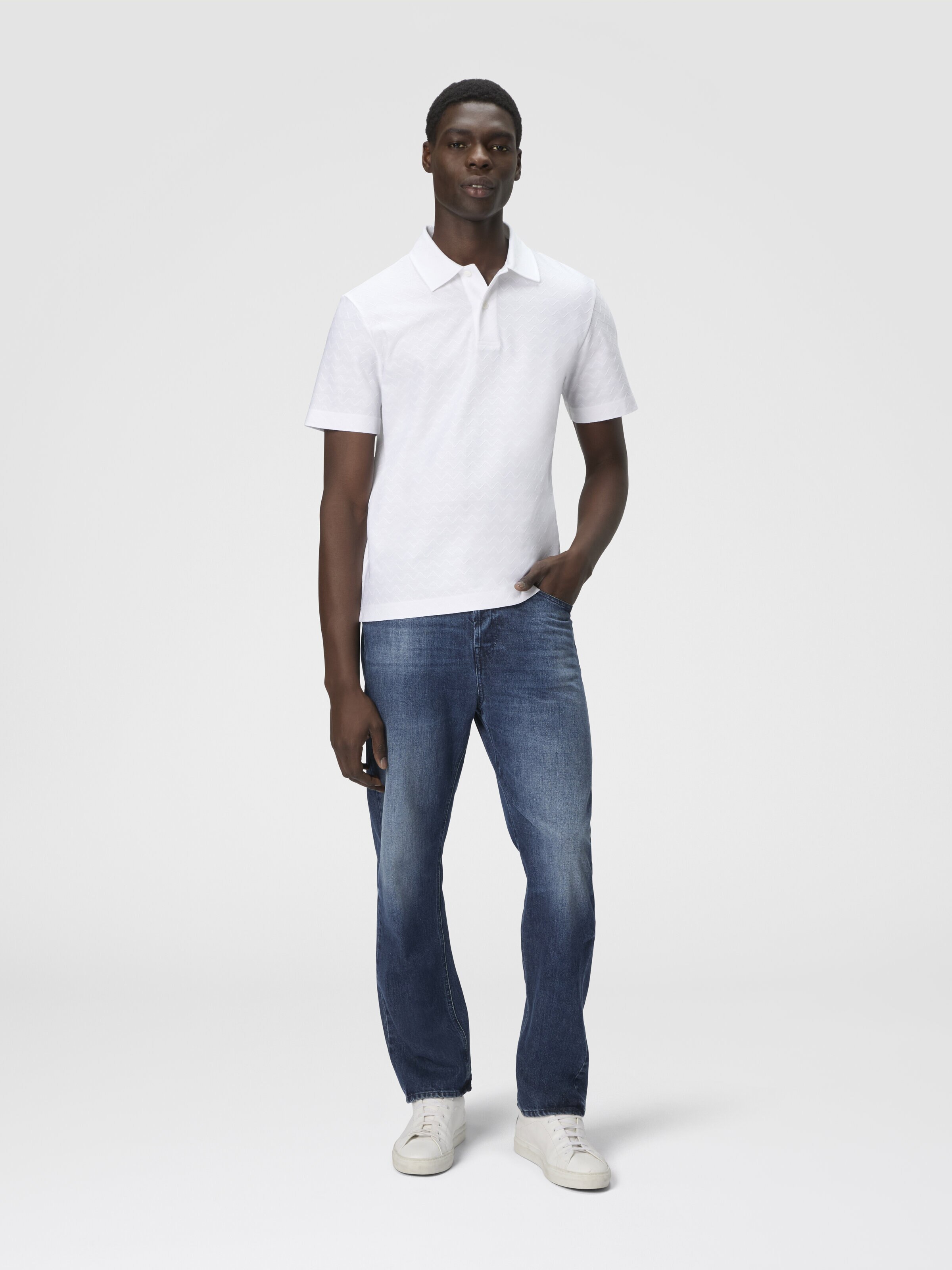 Tonal zigzag cotton jersey polo shirt, White  - 1