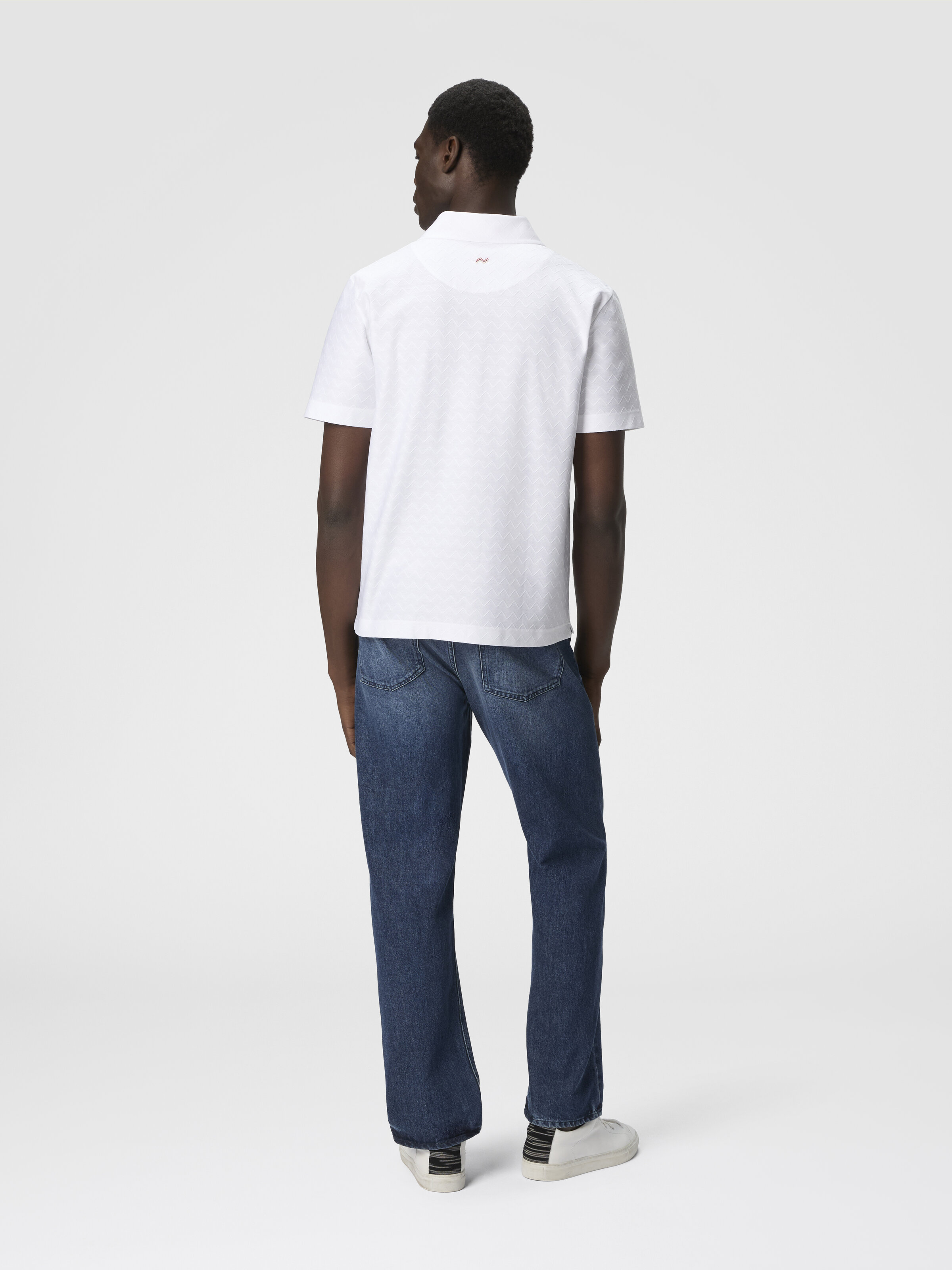 Tonal zigzag cotton jersey polo shirt, White  - 2