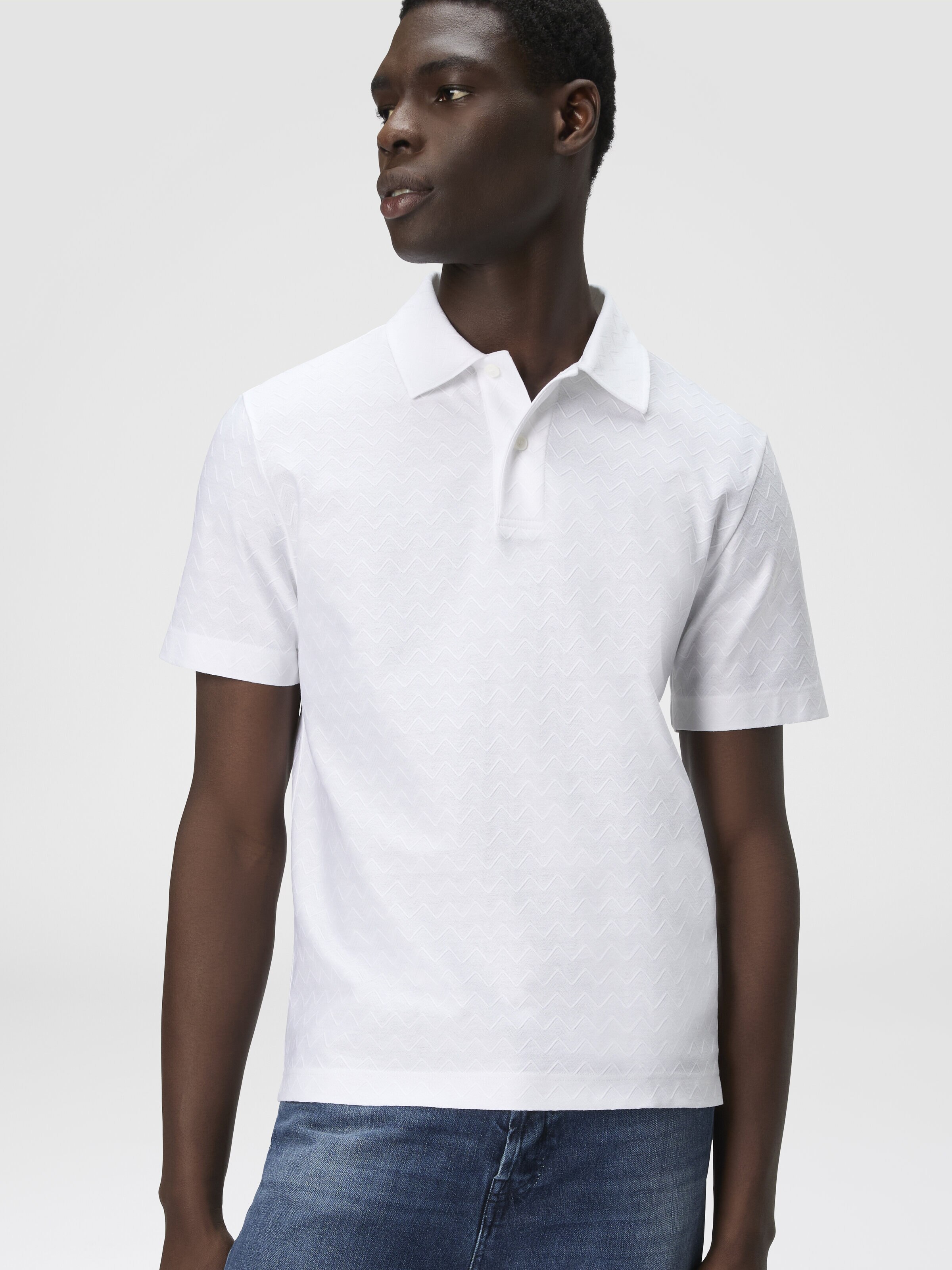 Tonal zigzag cotton jersey polo shirt, White  - 3