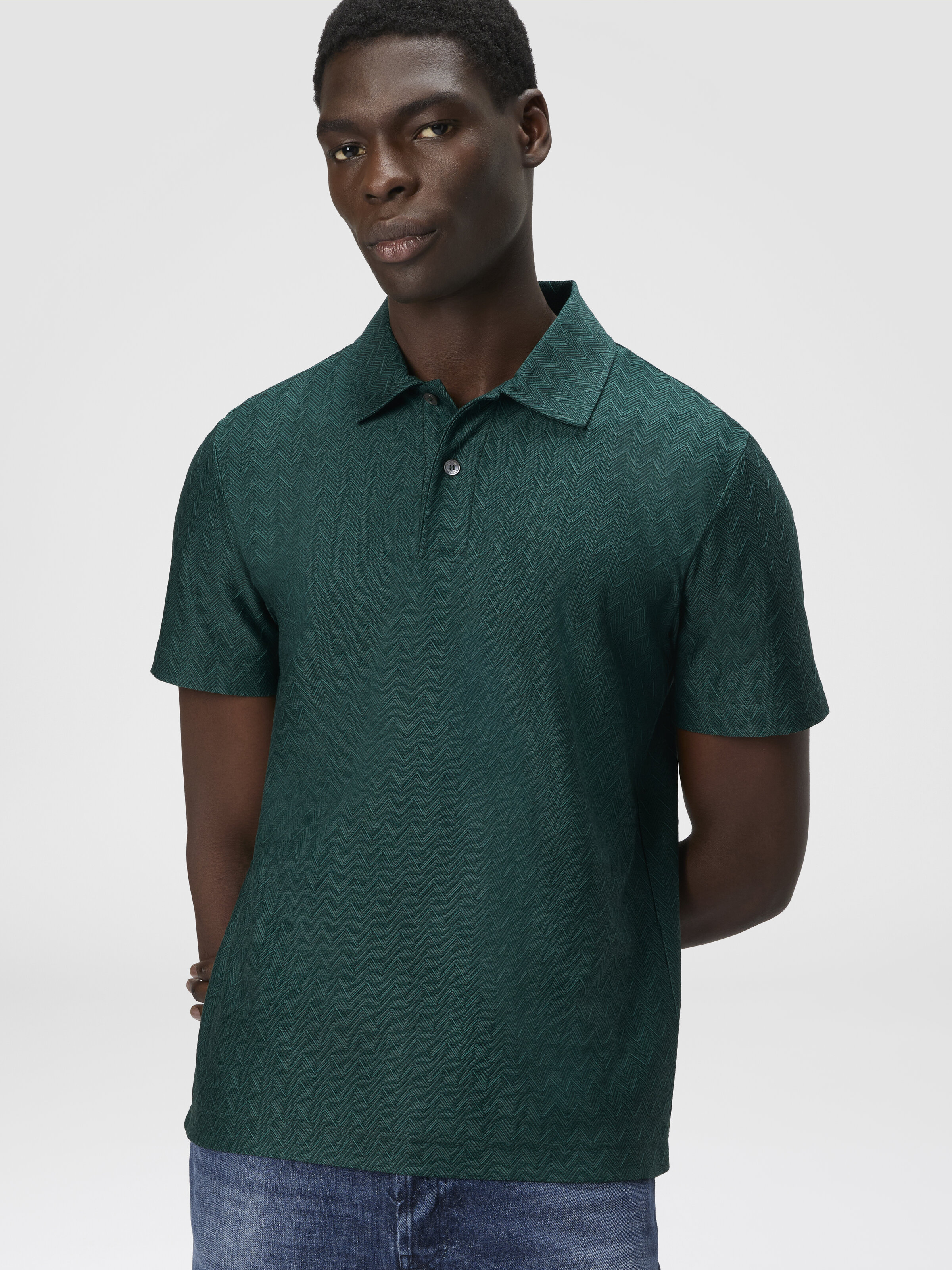 Polo in jersey di cotone zig zag tono su tono, Verde - 3