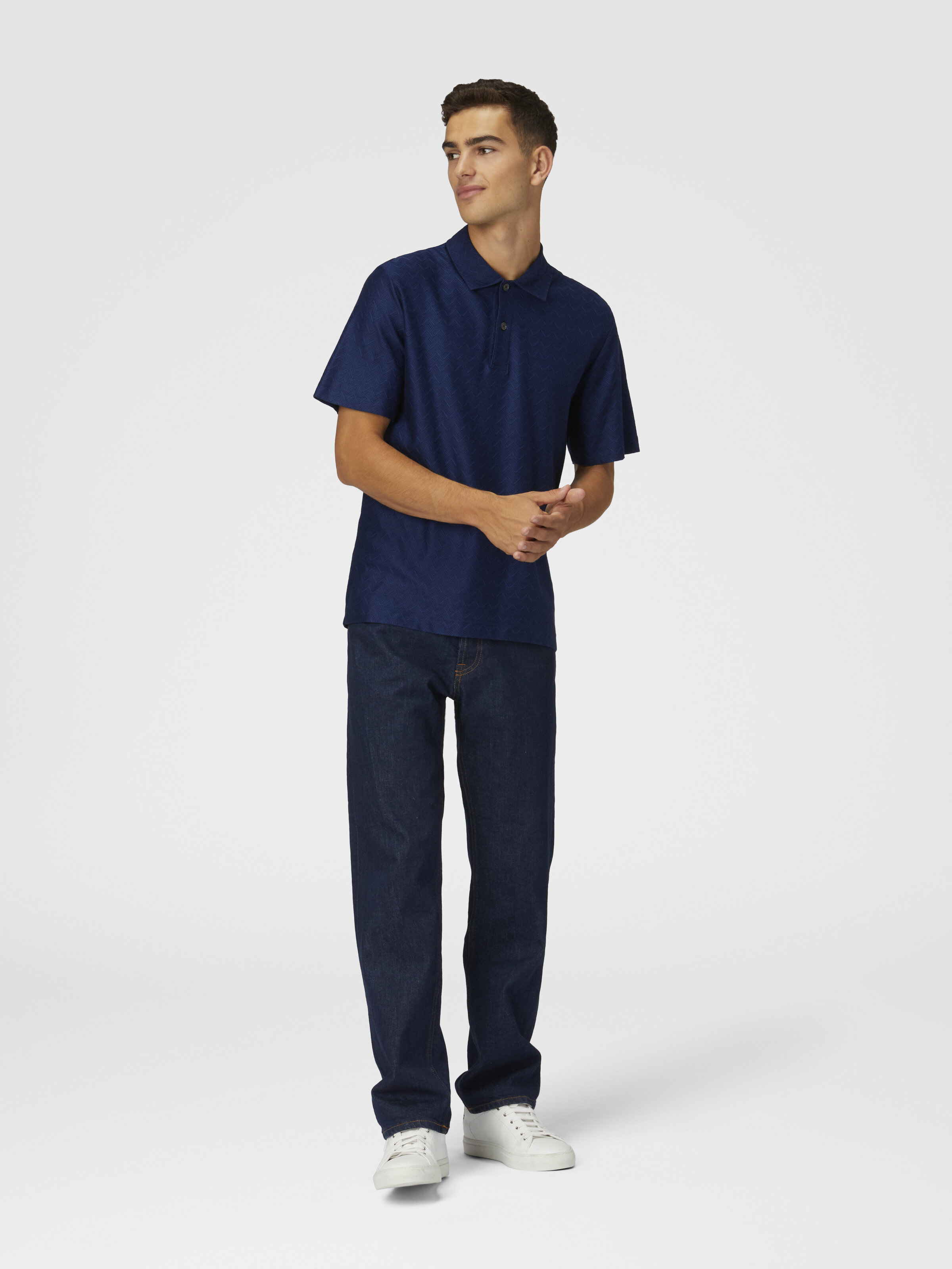 Tonal zigzag cotton jersey polo shirt, Blue - 1
