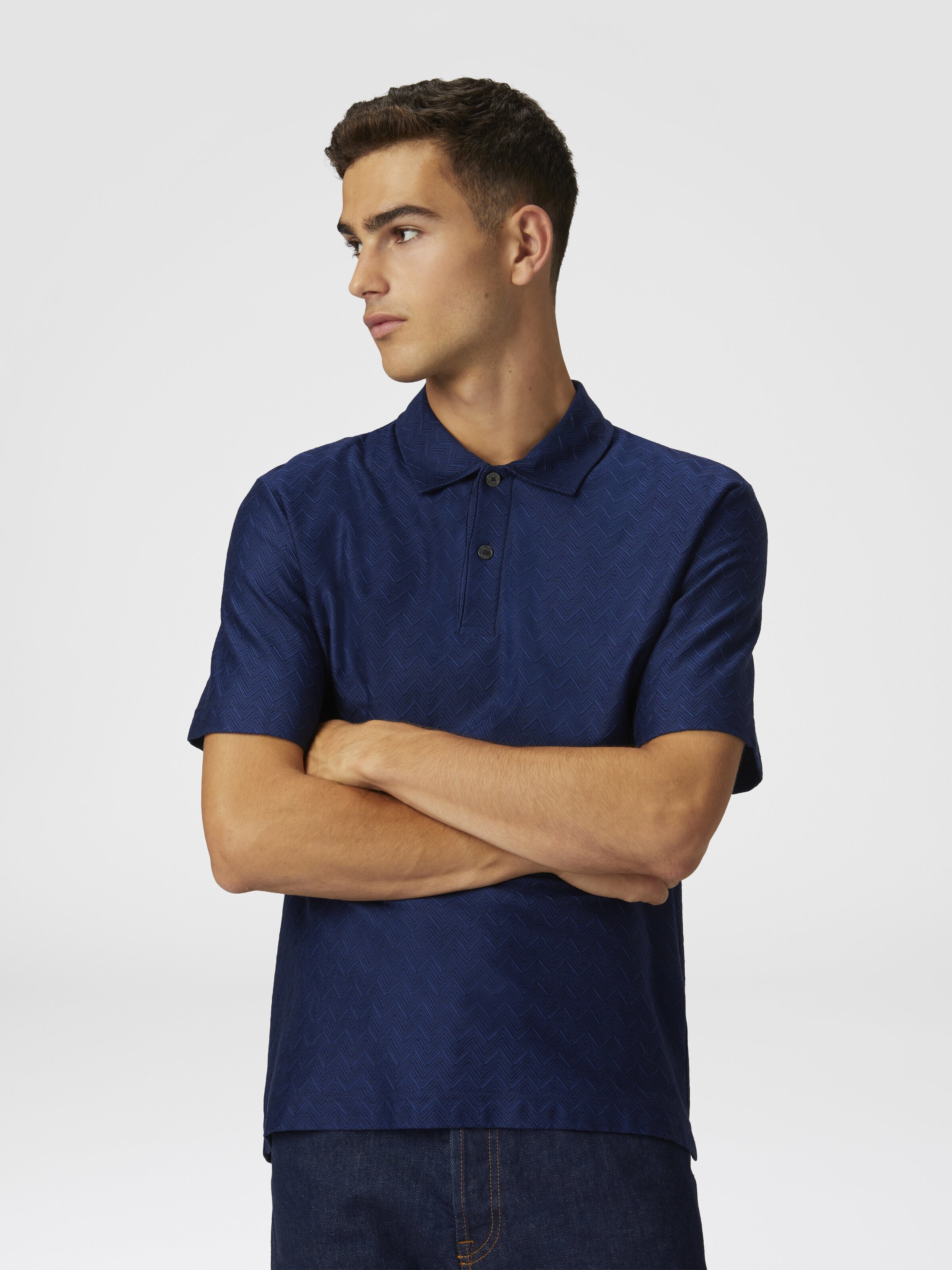 Tonal zigzag cotton jersey polo shirt, Blue - 3