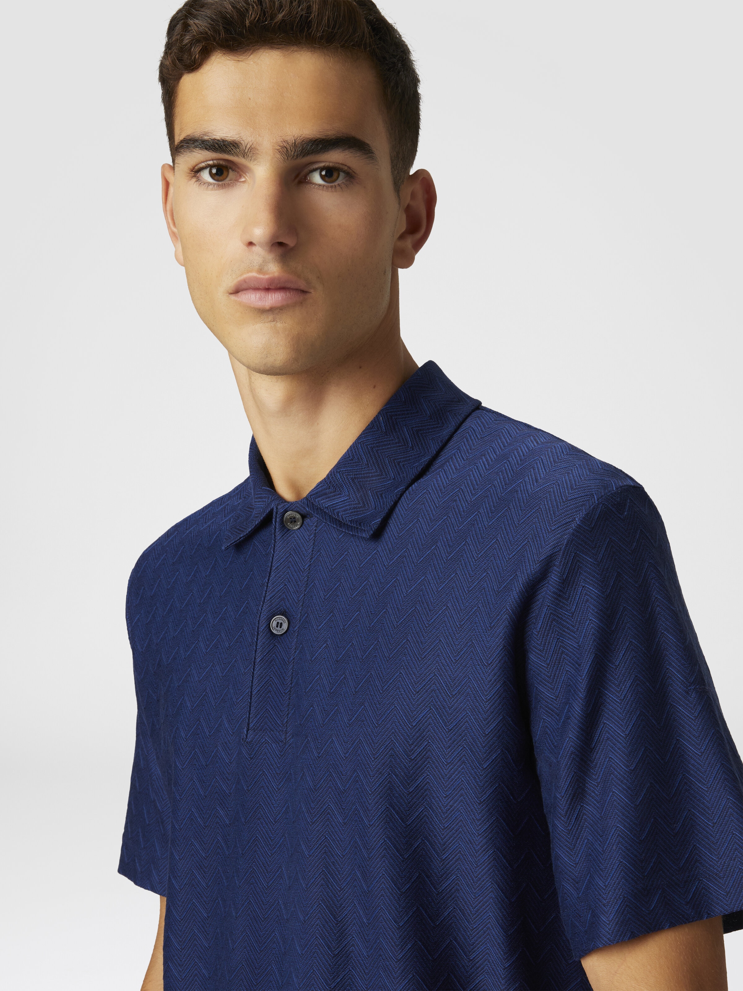 Tonal zigzag cotton jersey polo shirt, Blue - 4
