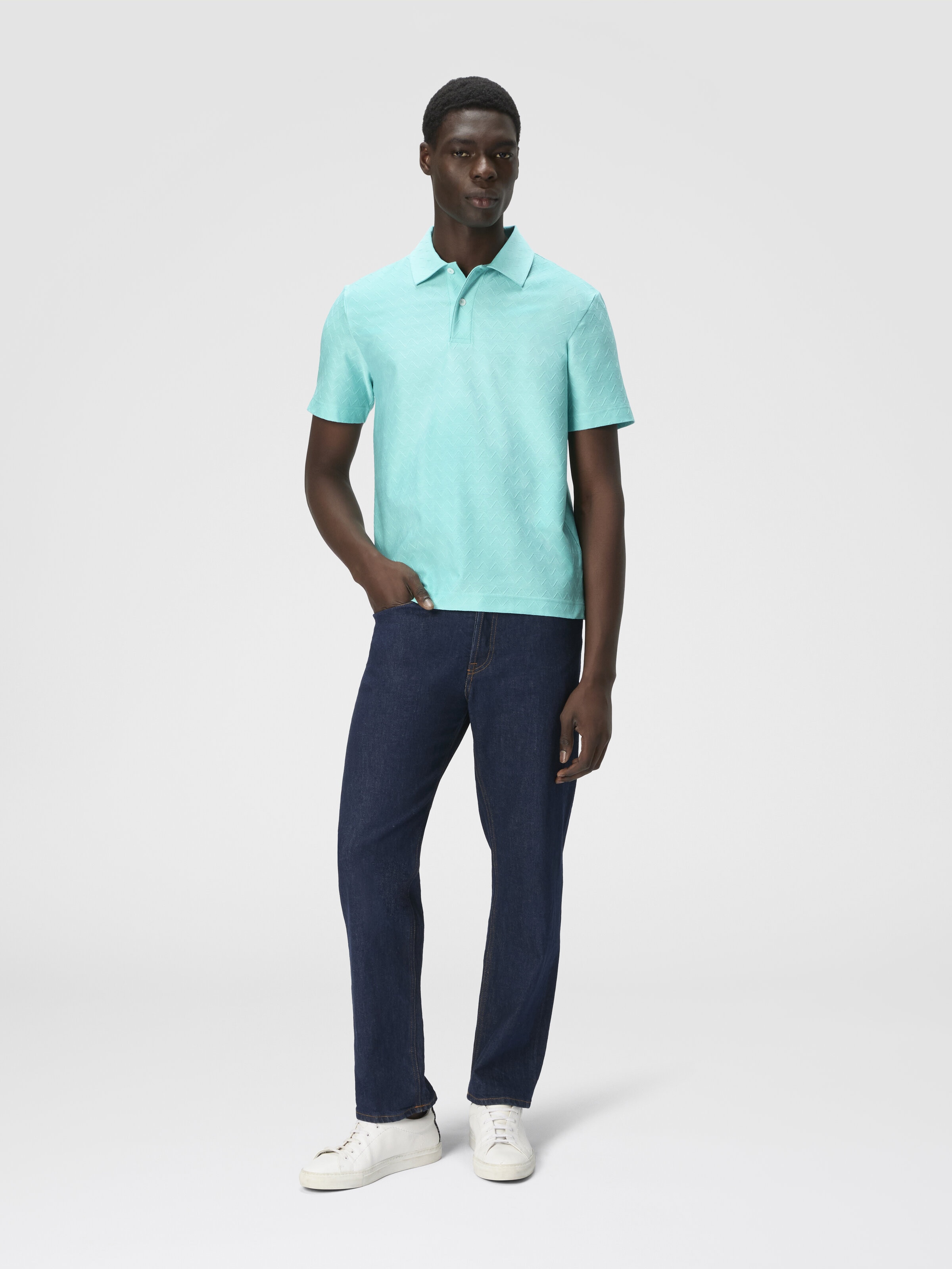 Polo de punto de algodón en zigzag tonal, Turquesa  - 1